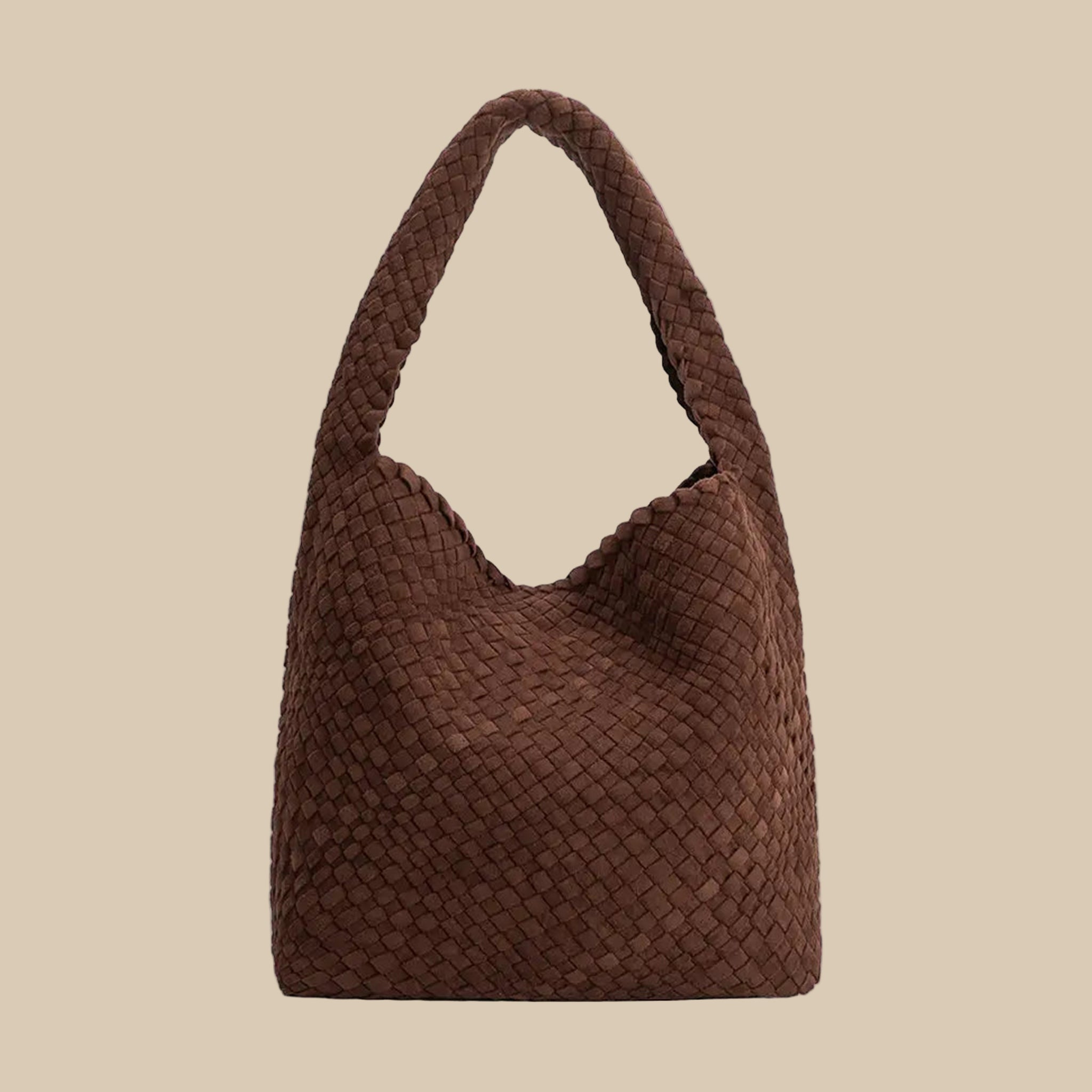 A dark brown suede woven handbag with a brown zipper pouch insert. 