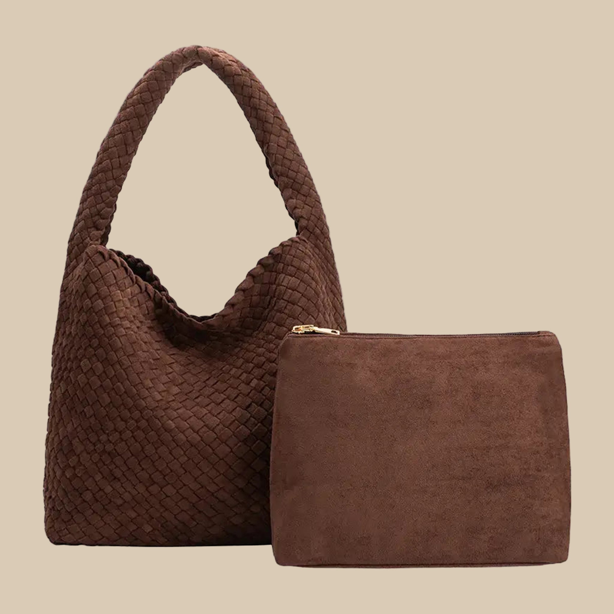 A dark brown suede woven handbag with a brown zipper pouch insert. 