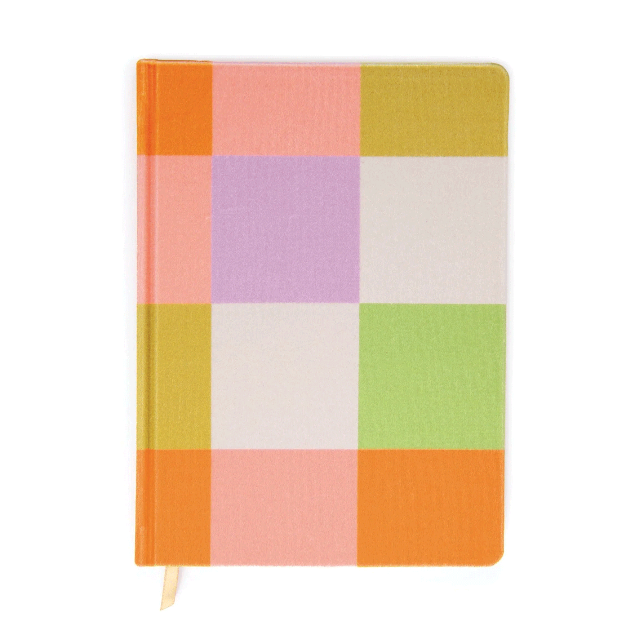 On a white background is a multi colored pastel checkered print jumbo journal. 
