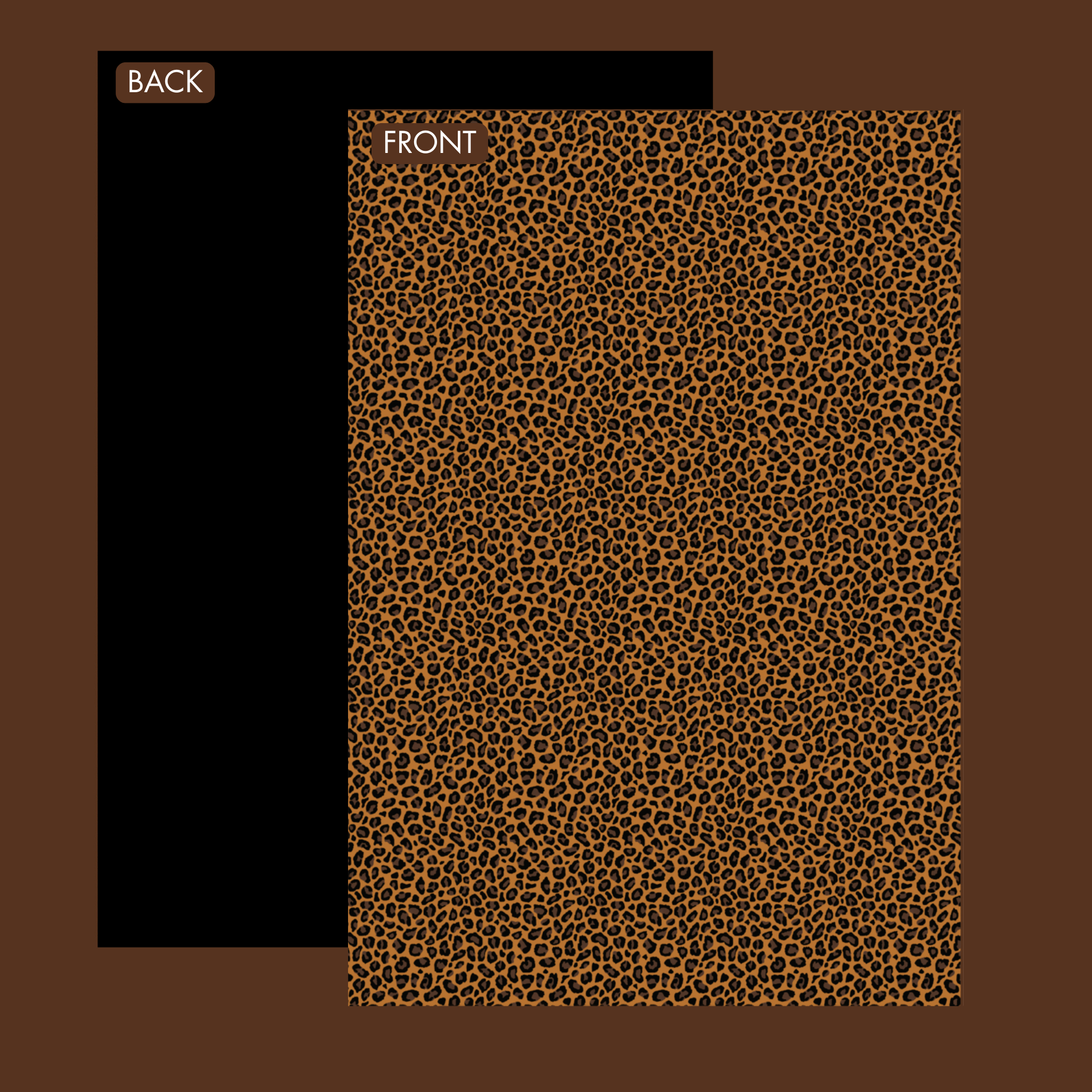 The front and back side of a leopard print wrapping paper.  The reverse side is black.
