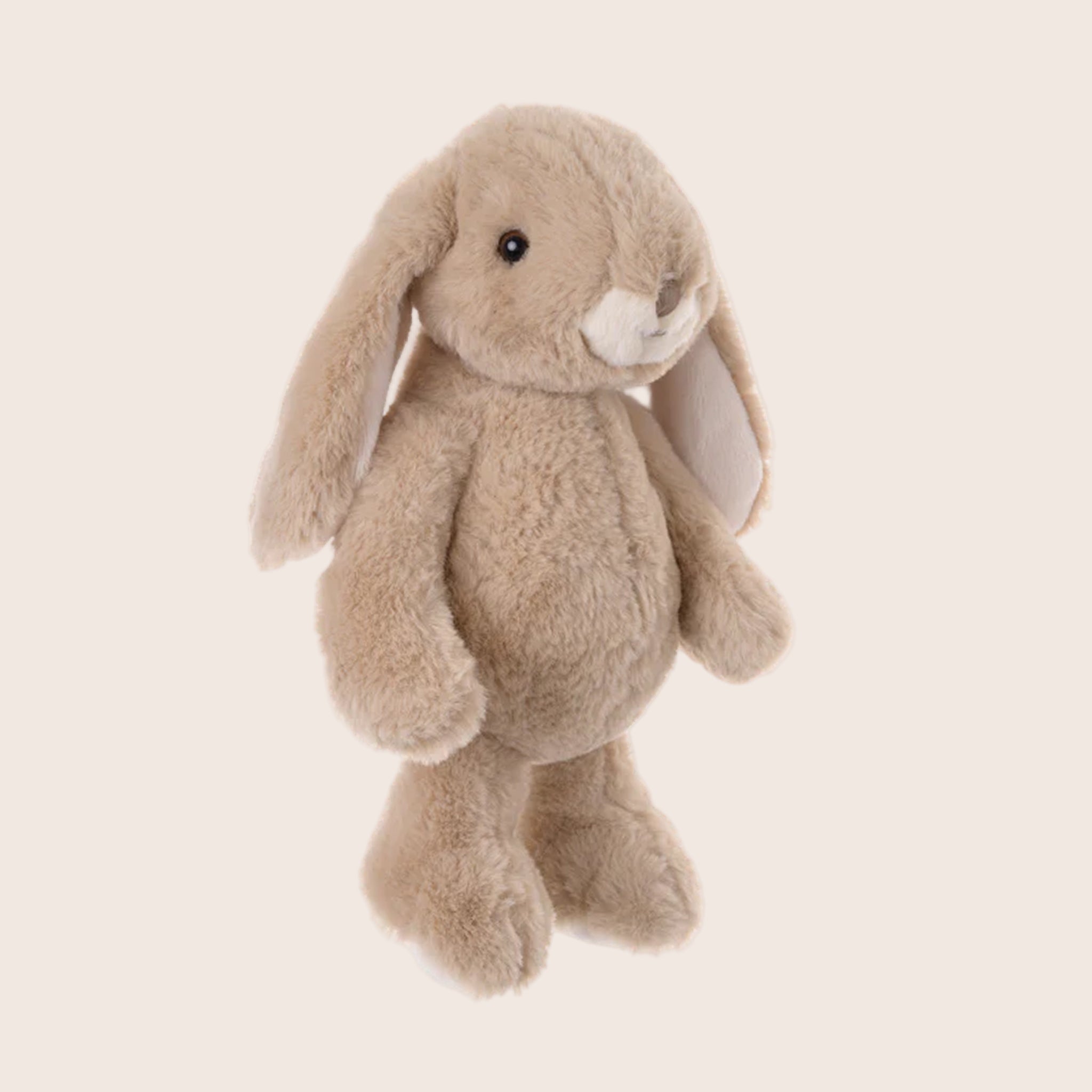 A neutral bunny shaped stuffed toy animal. 