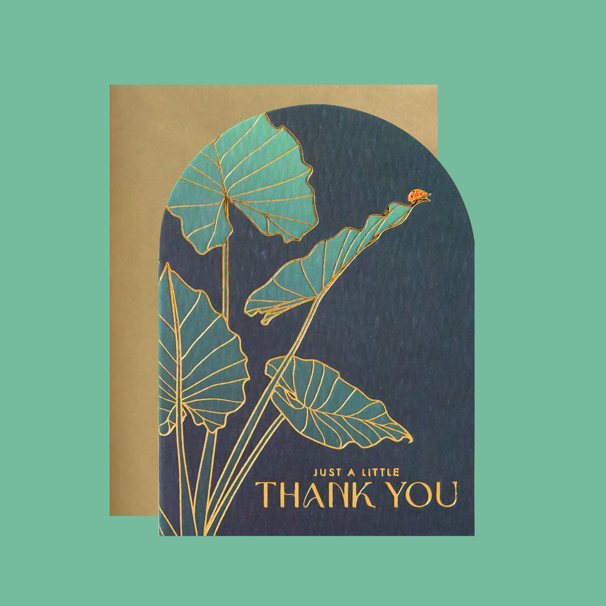 Greeting card with leaf design and &#39;Just a little thank you&#39; text on a green background