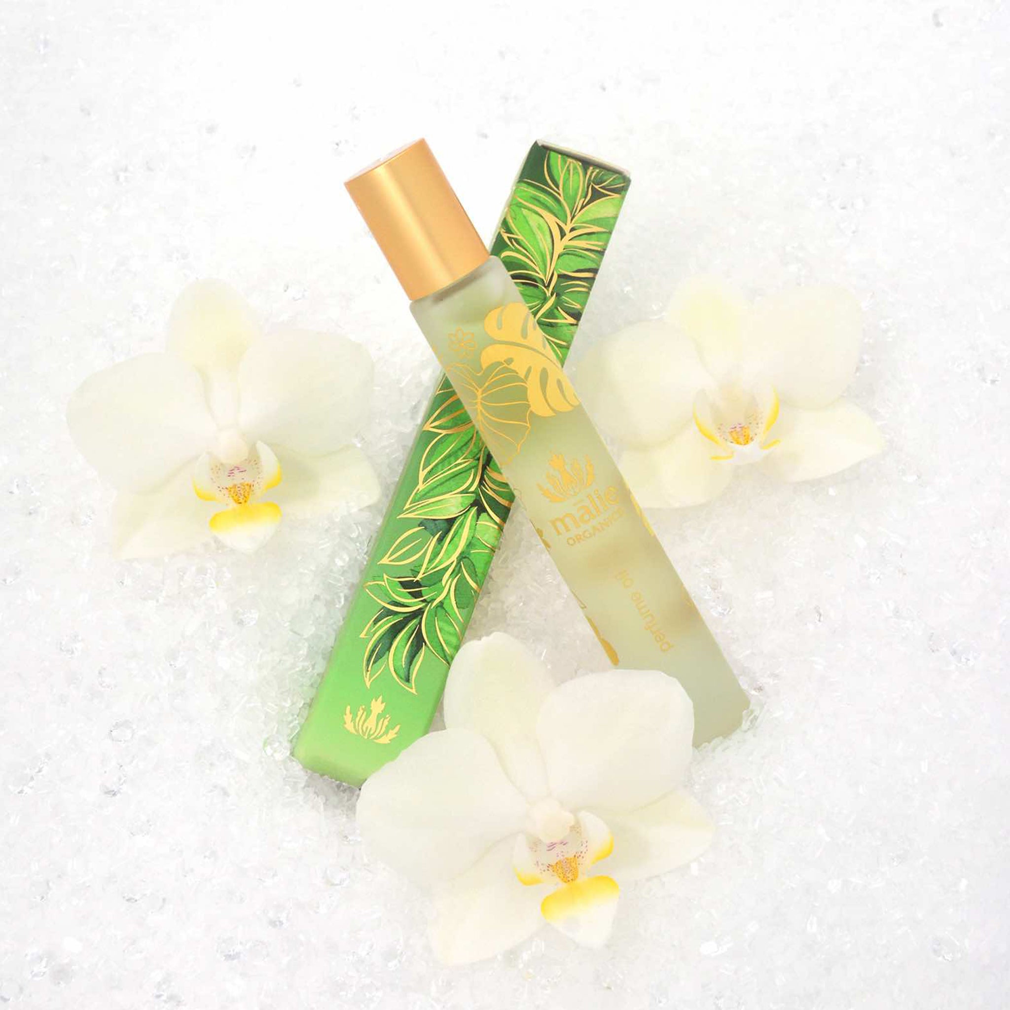 A perfume oil rollerball with a monstera design on the bottle. 