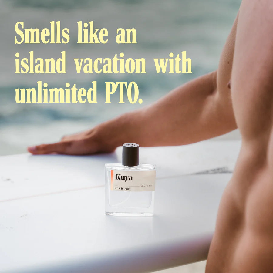 "smells like an island vacation with unlimited PTO" written on an image of a sufer with bottle of cologne.