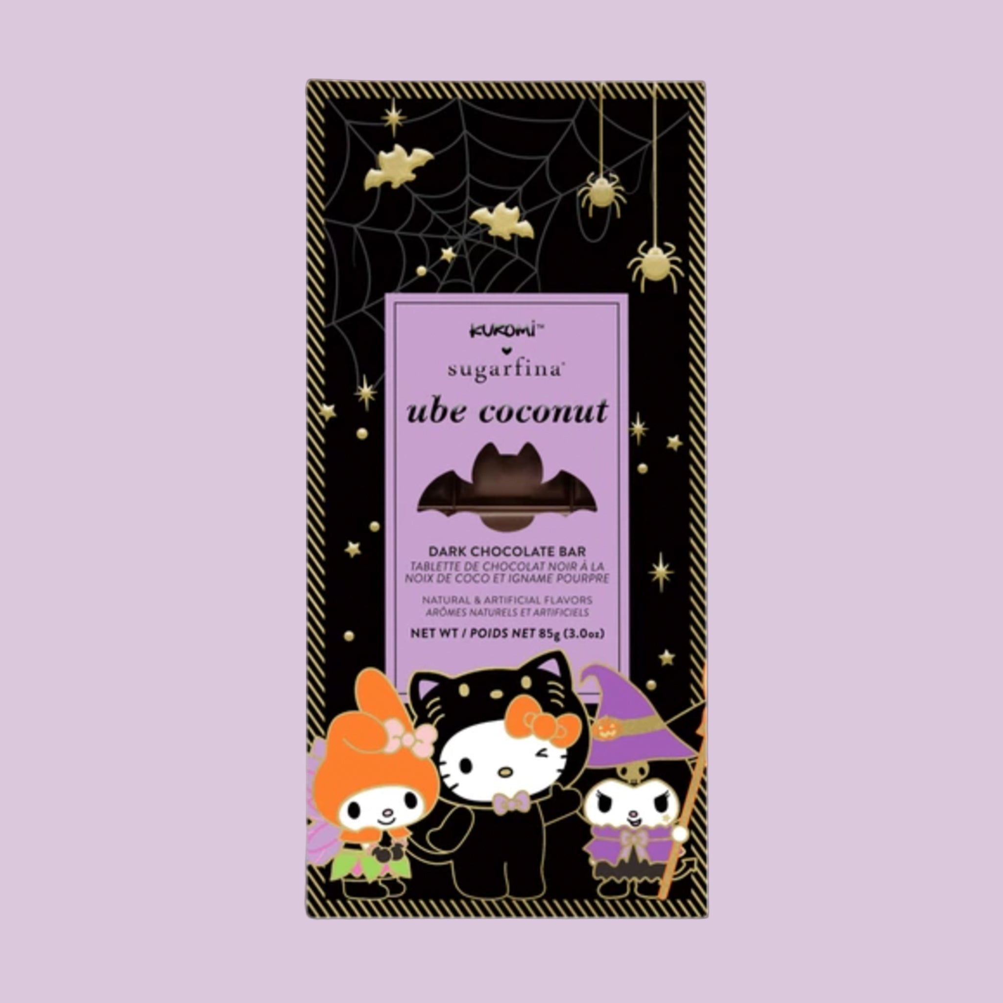 "Sugarfina ube coconut Dark Chocolate Bar" with Halloween designs and Hello Kitty Character graphic at the bottom. 