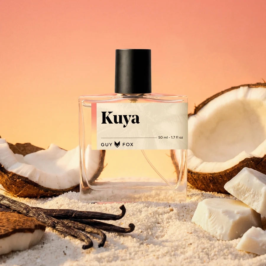 A bottle of cologne in front of coconut and vanilla bean that reads "Kuya".