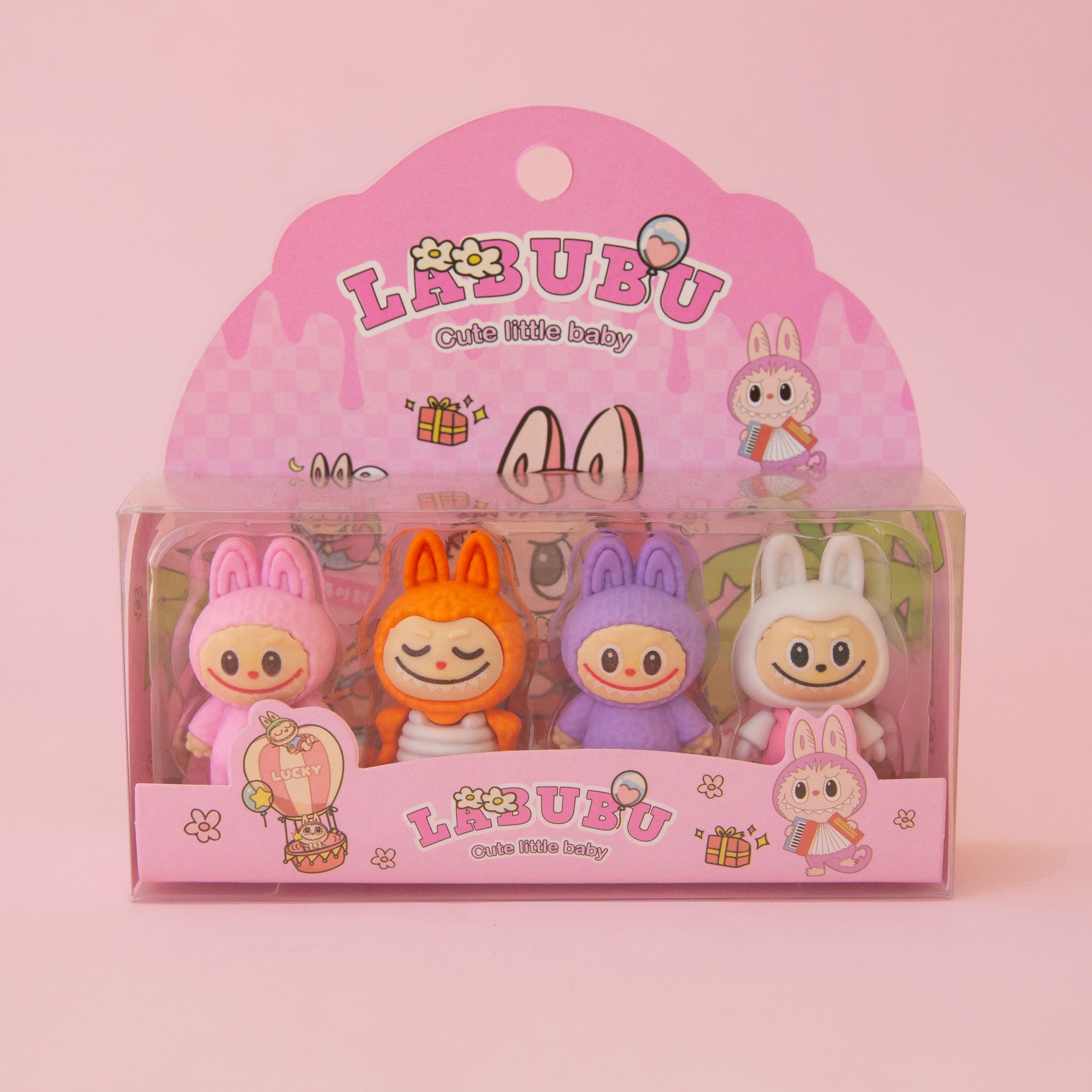 A set of labubu shaped erasers. The packaging reads, 'Labubu Cute little baby'. 