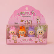A set of labubu shaped erasers. The packaging reads, 'Labubu Cute little baby'. 