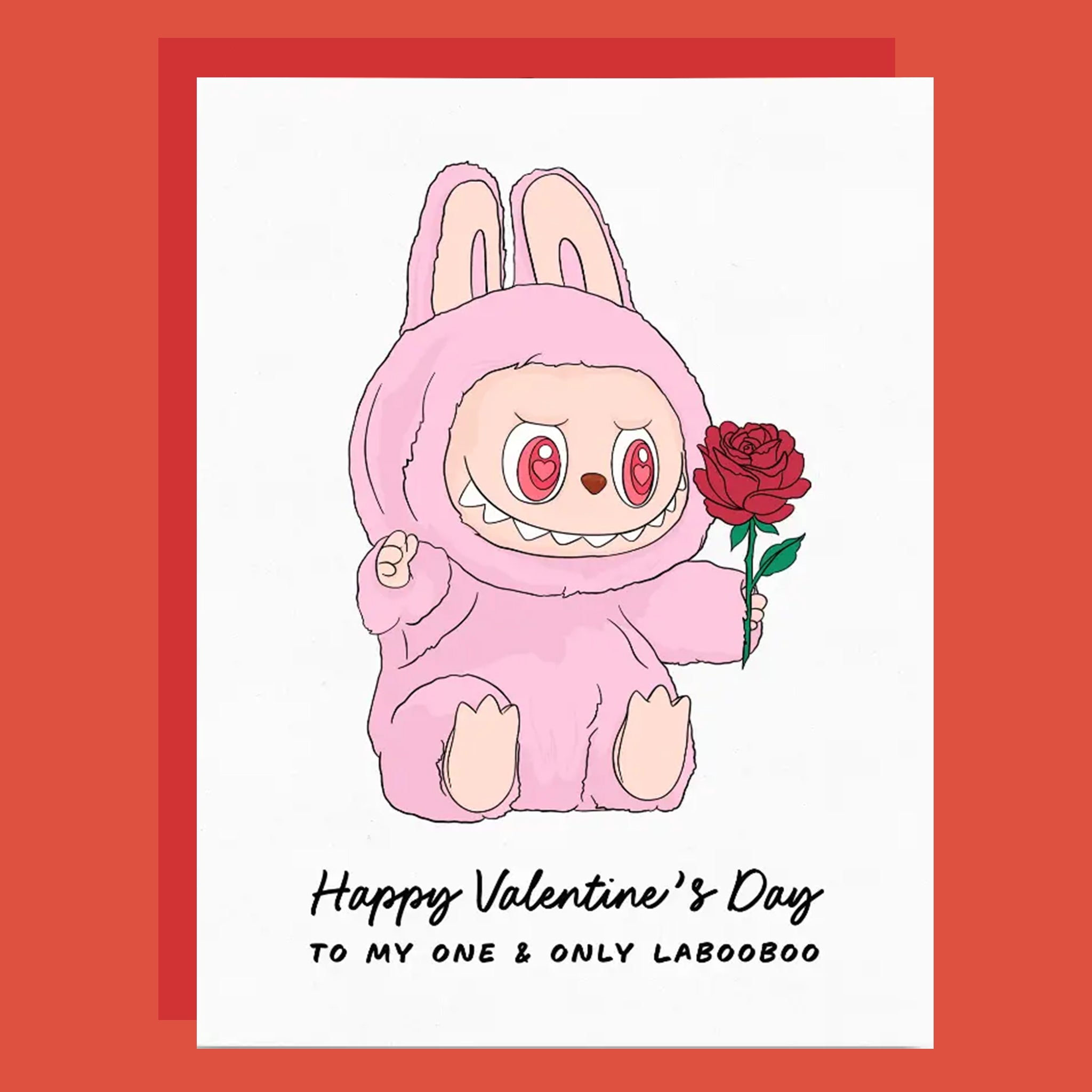 Cartoon character in a pink bunny costume holding a rose with 'Happy Valentine's Day' text on a red border.
