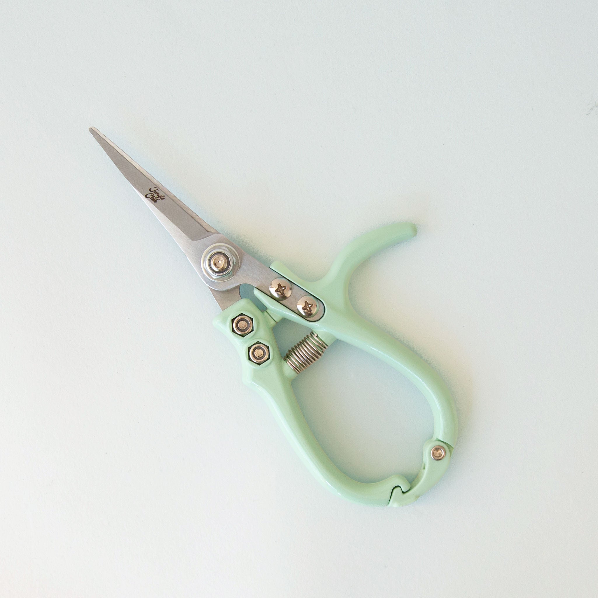 A pair of minty green planting shears.