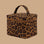 A leopard print cosmetic case with a zipper and handle.
