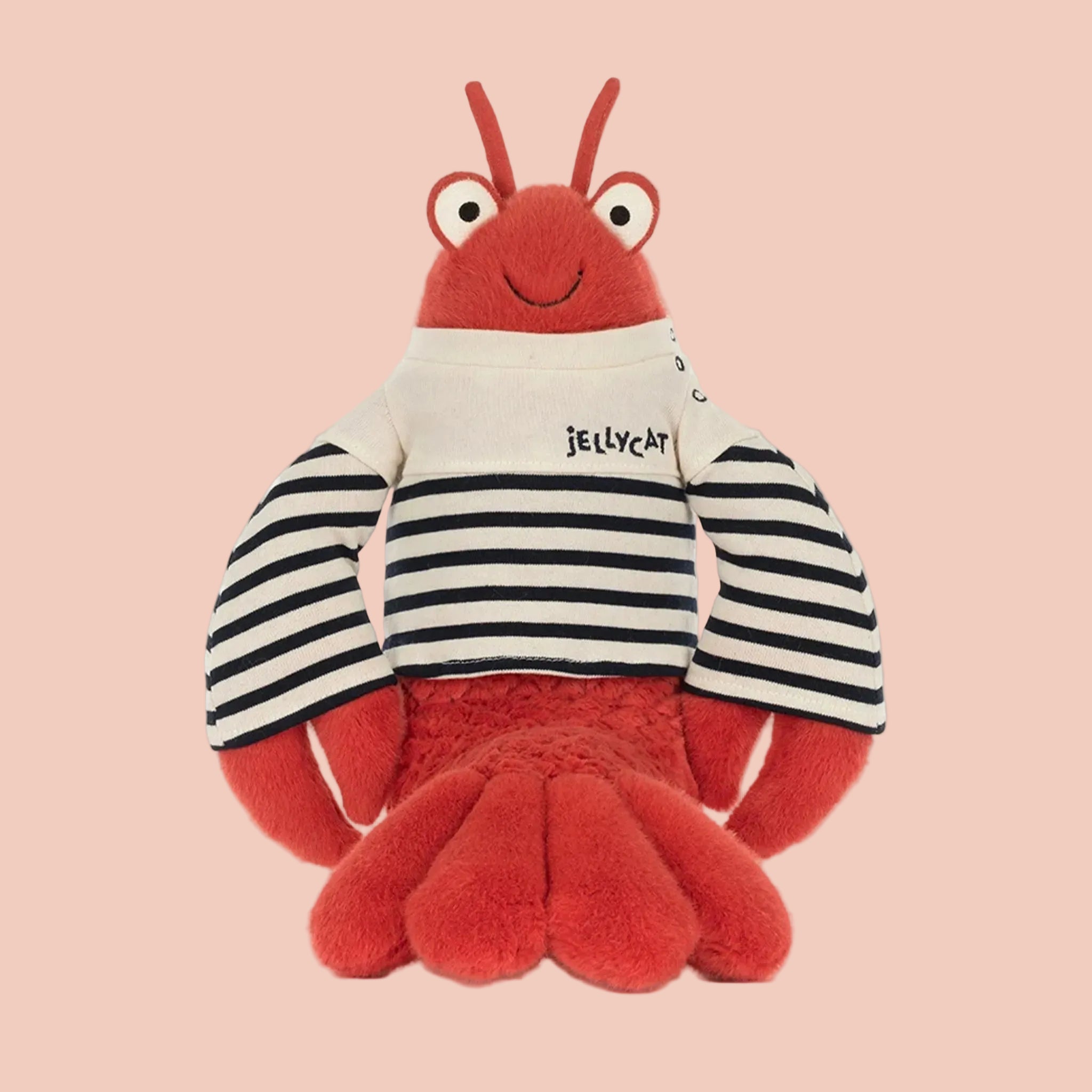Plush toy lobster with a striped shirt on a white background, featuring the Jellycat brand.