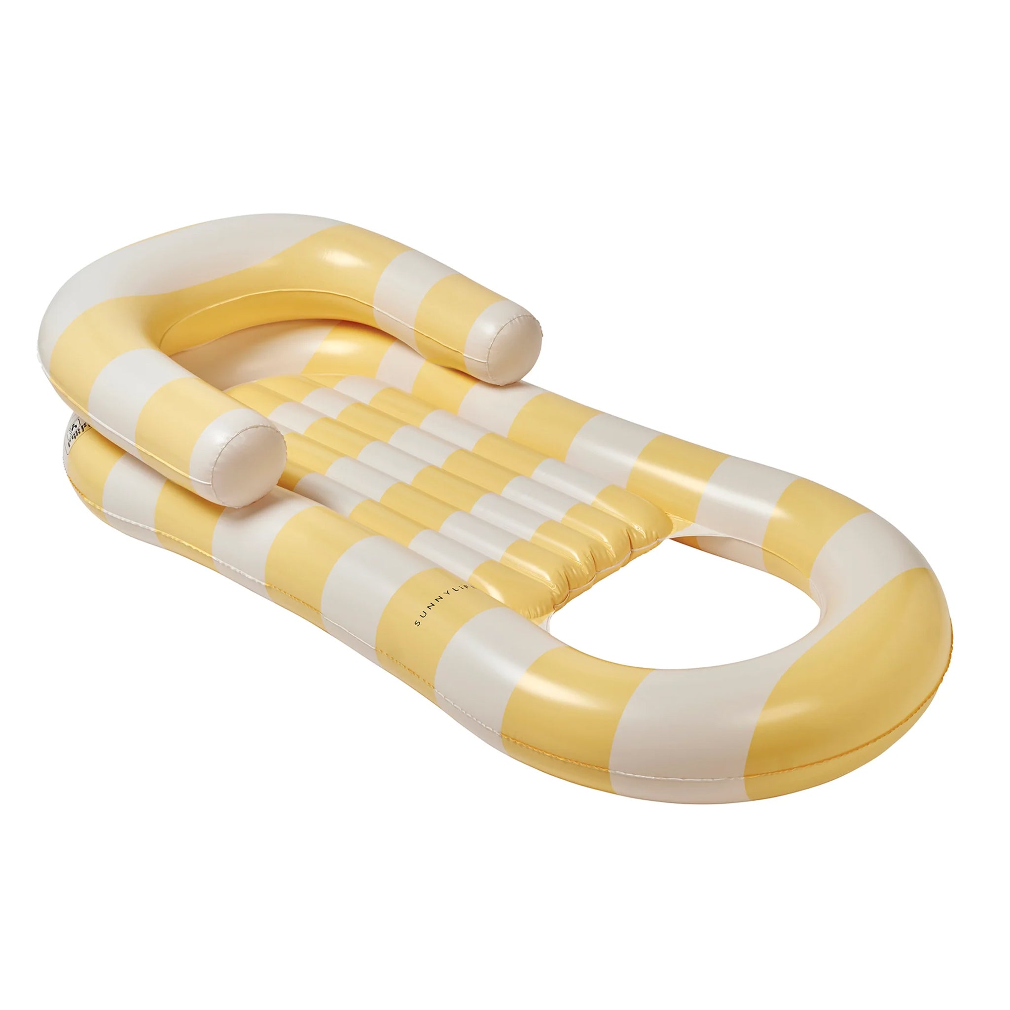 A yellow and white stripe lounge pool float.