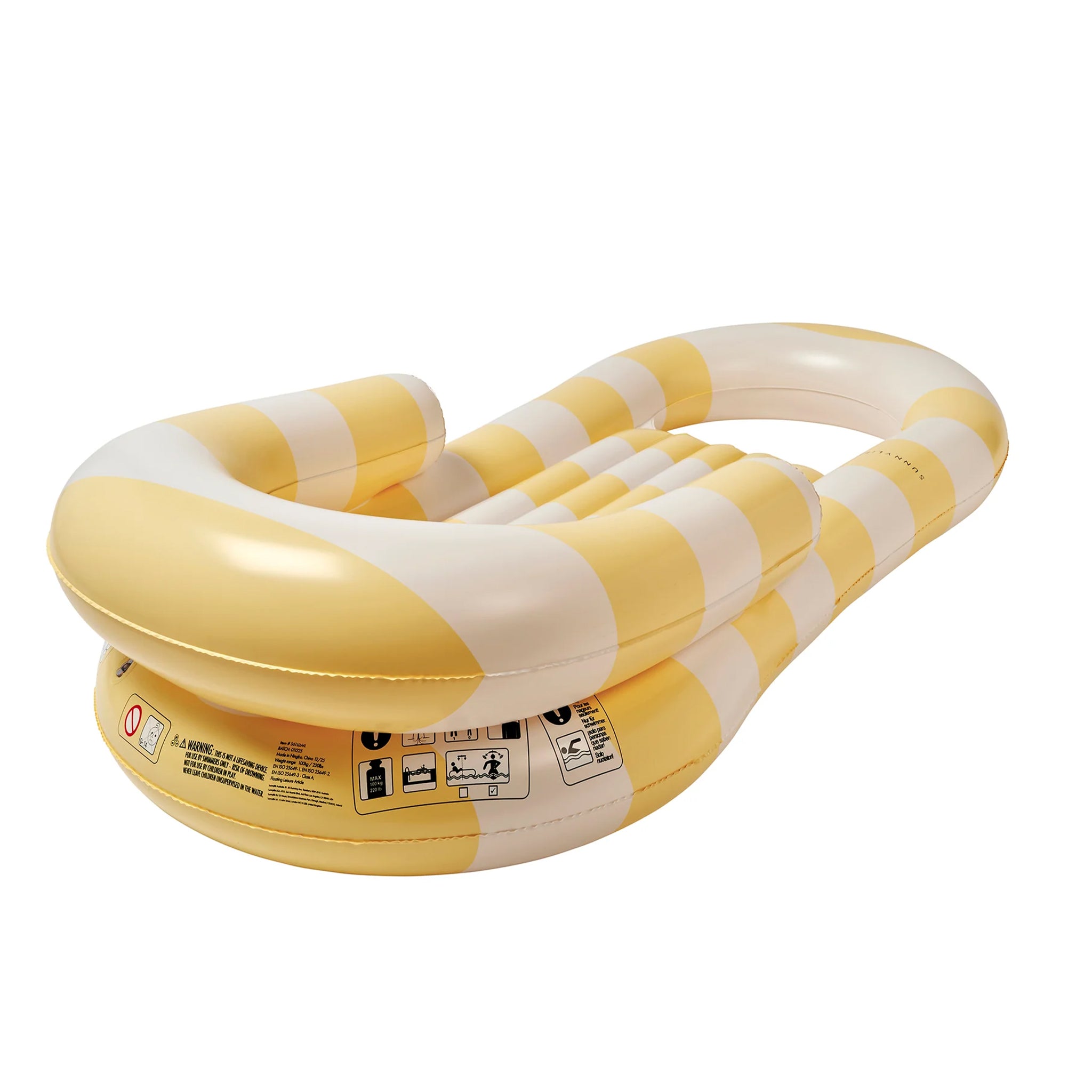 A yellow and white stripe lounge pool float.