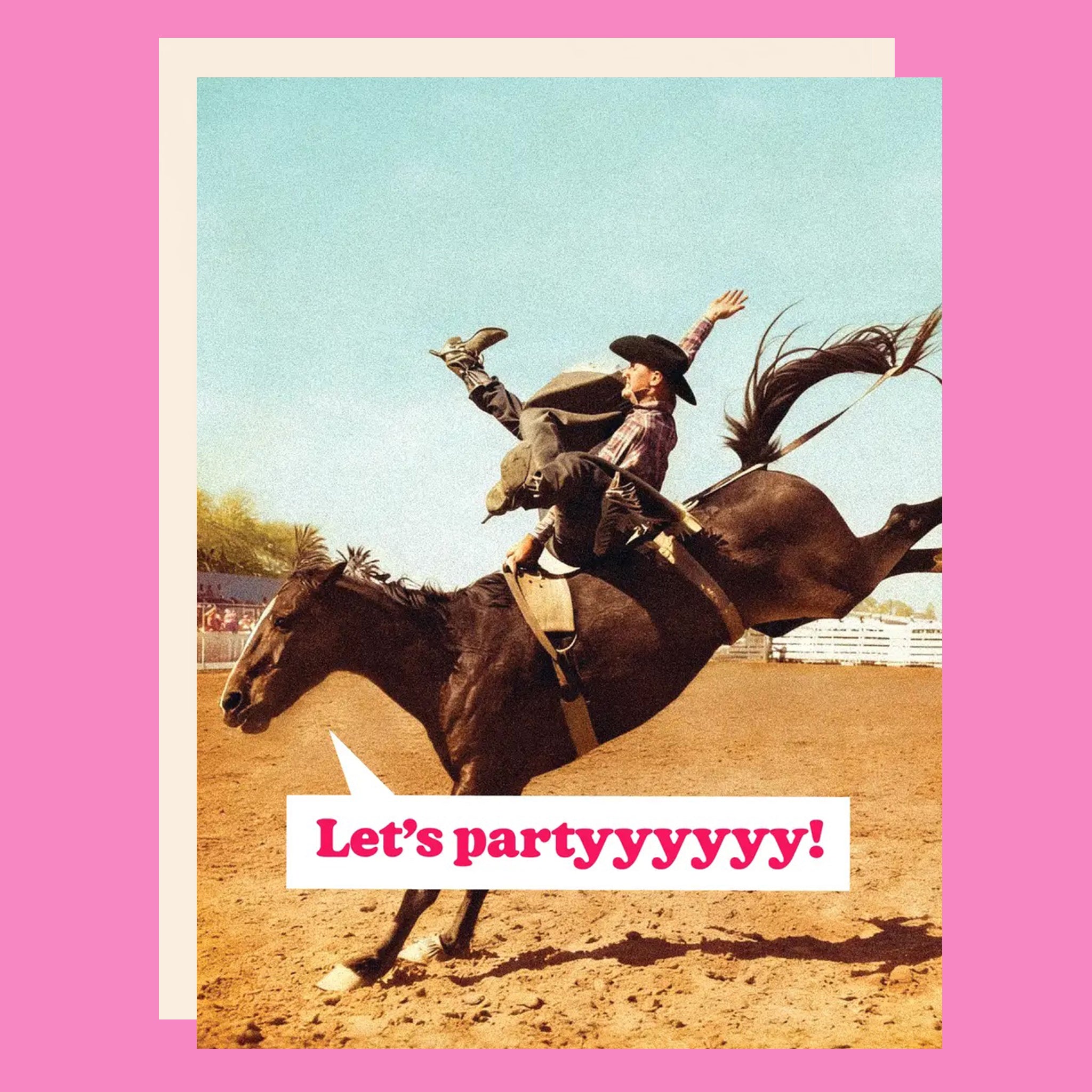 Greeting card with a horse and cowboy on the front. The card reads "Let's partyyyyyy!"