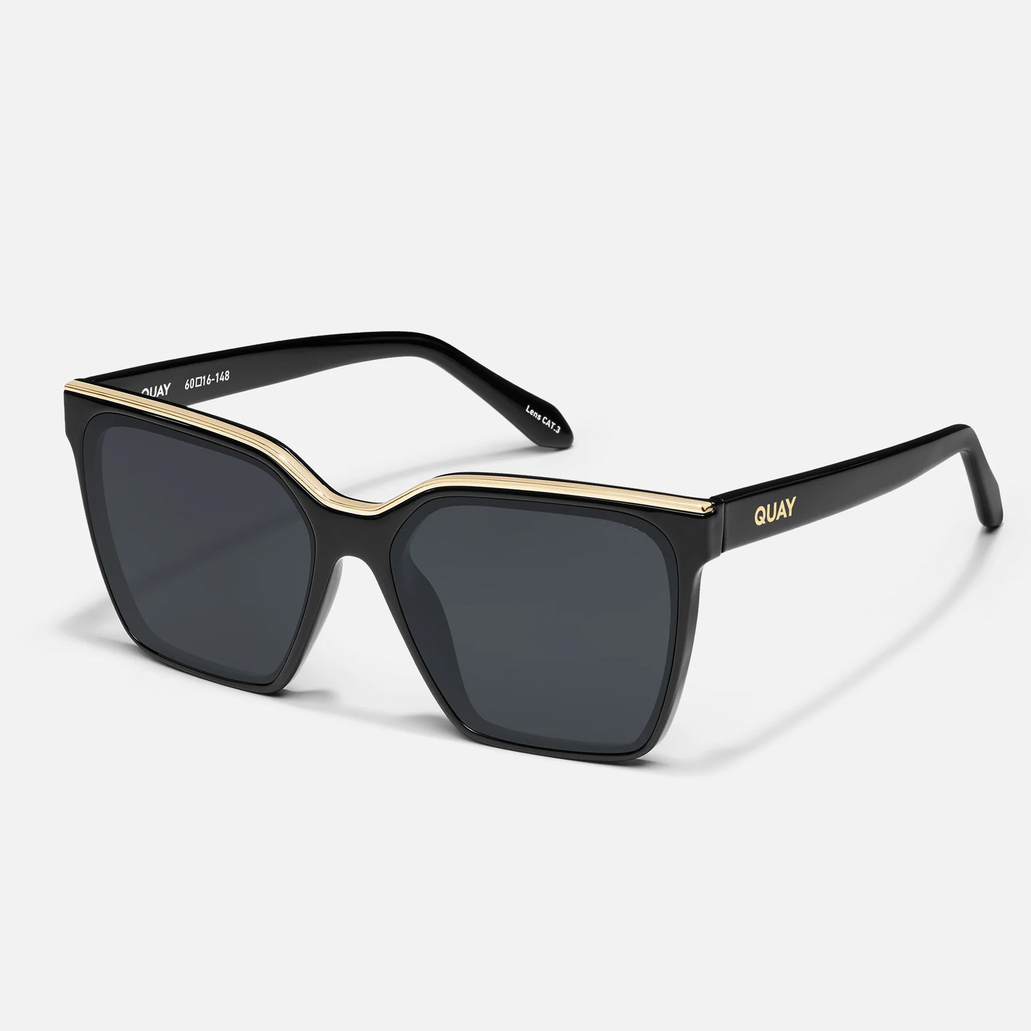 A black pair of oversized square sunglasses with a gold lined top. 