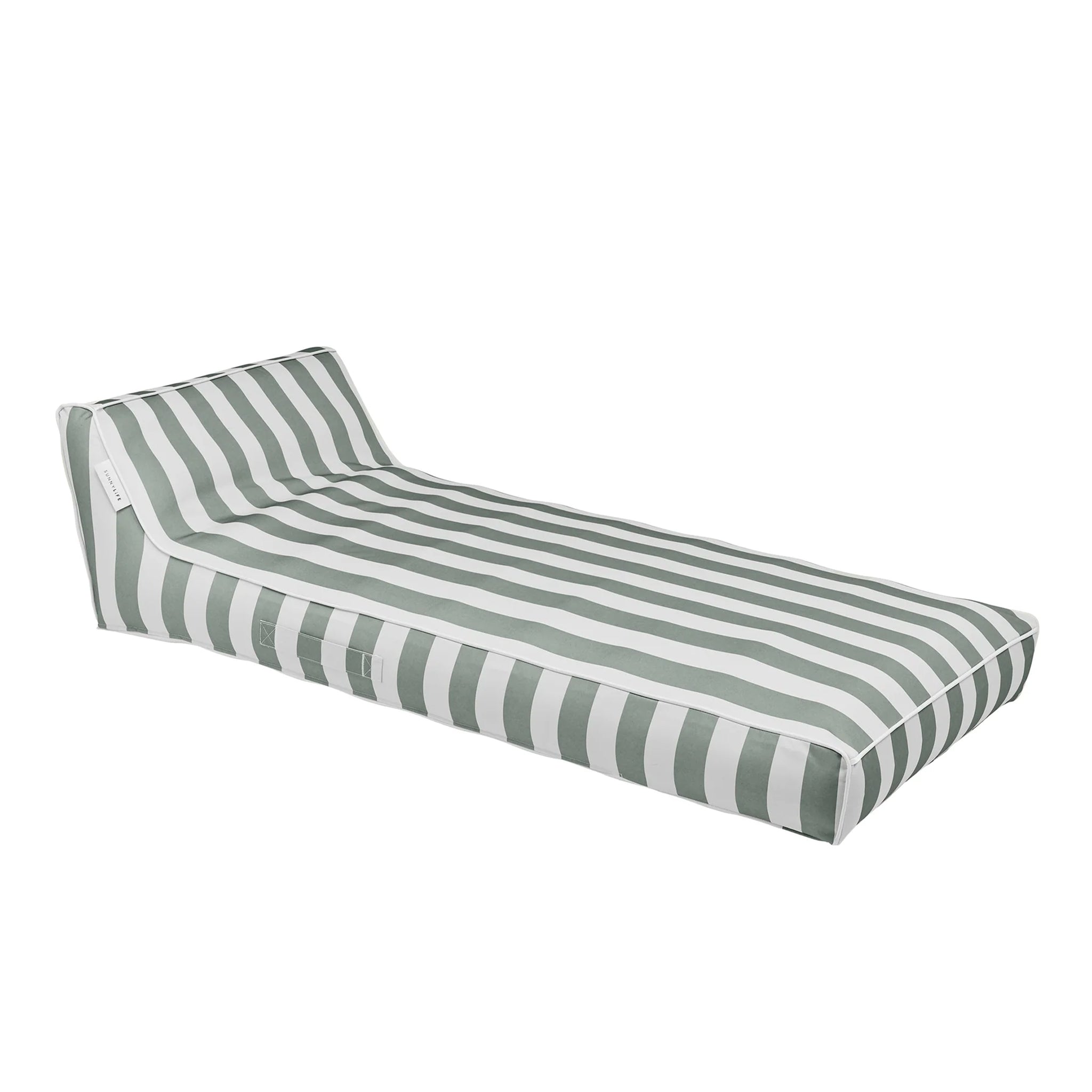 A white and green striped sun lounger float. 