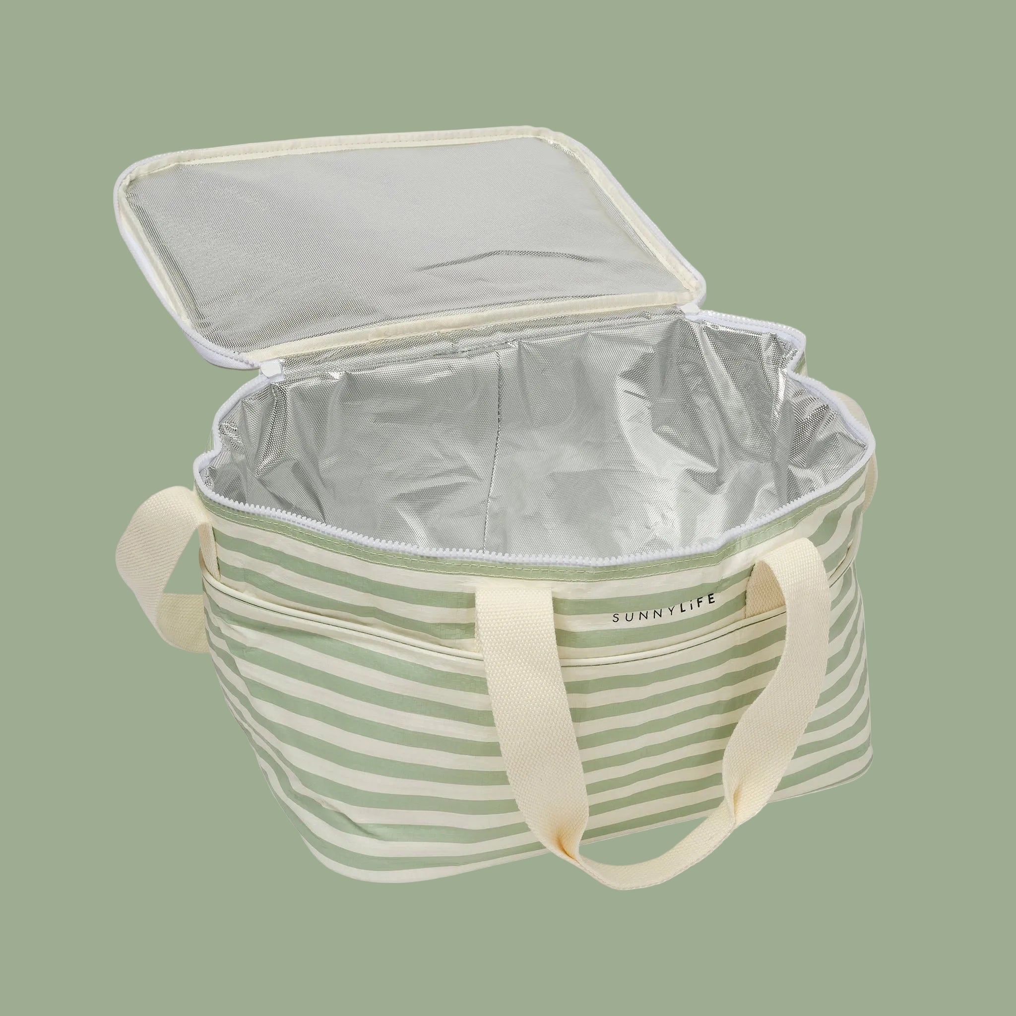 A cream and green stripe cooler bag. 
