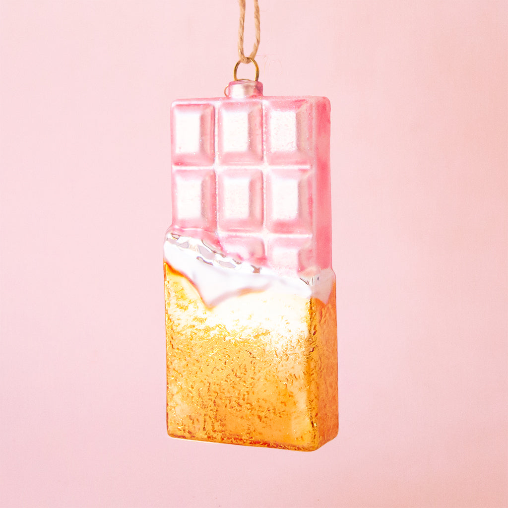 pink chocolate bar shaped glass ornament