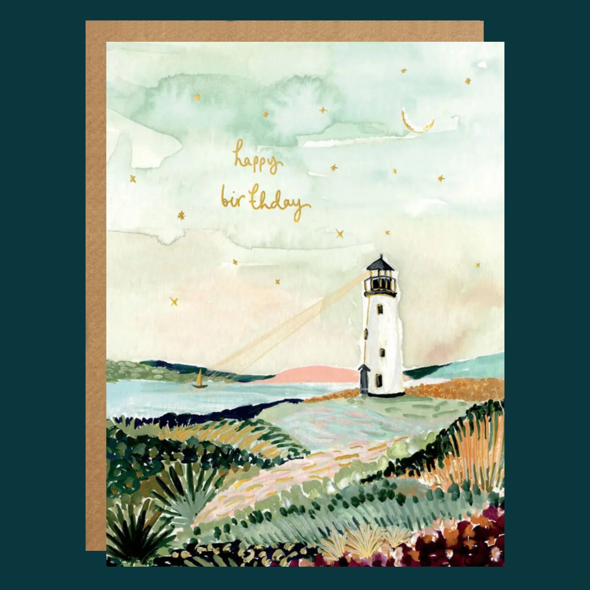 A greeting birthday card with a lighthouse illustration and text that reads, "happy birthday'. 