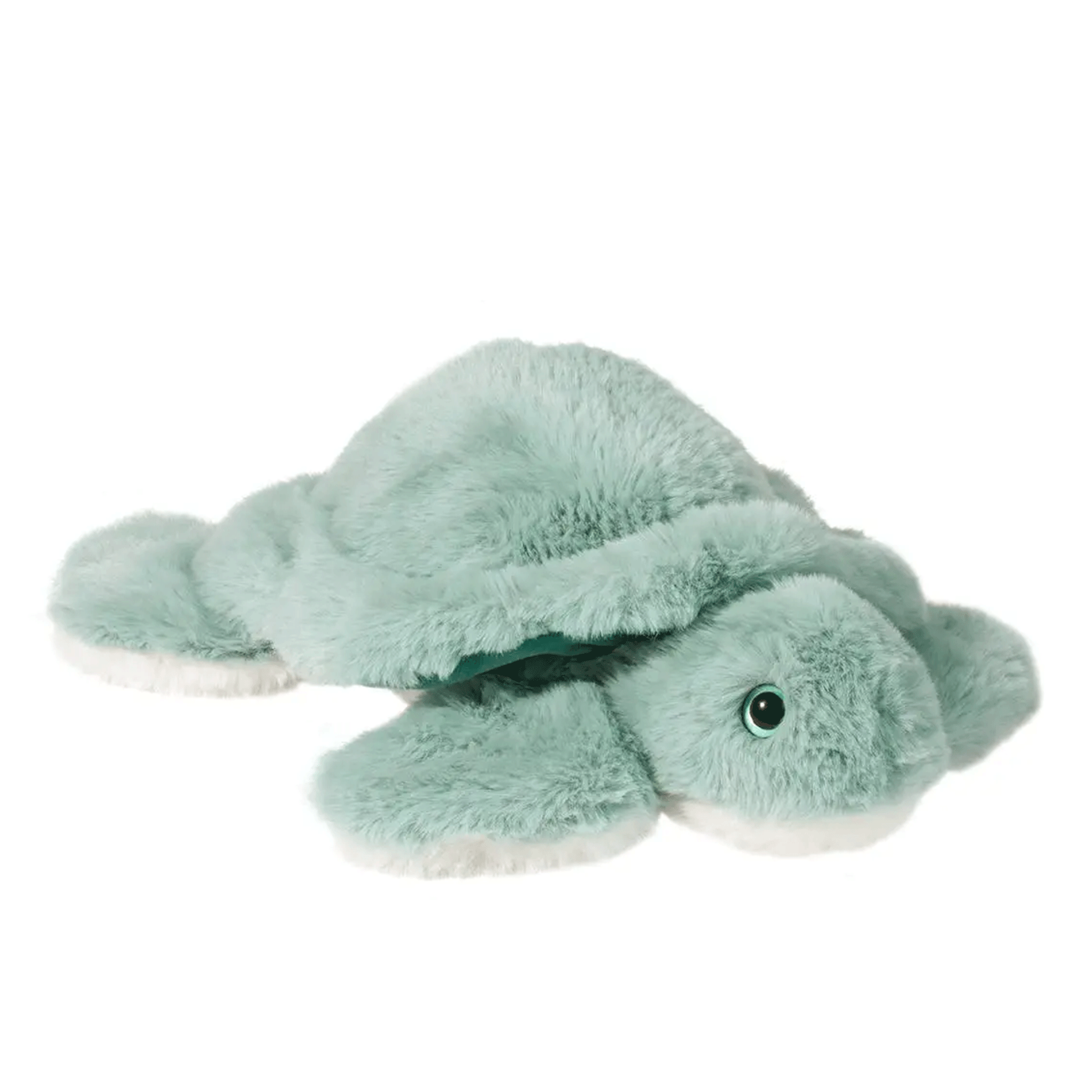 On a white background is a aqua blue colored fuzzy turtle stuffed animal. 