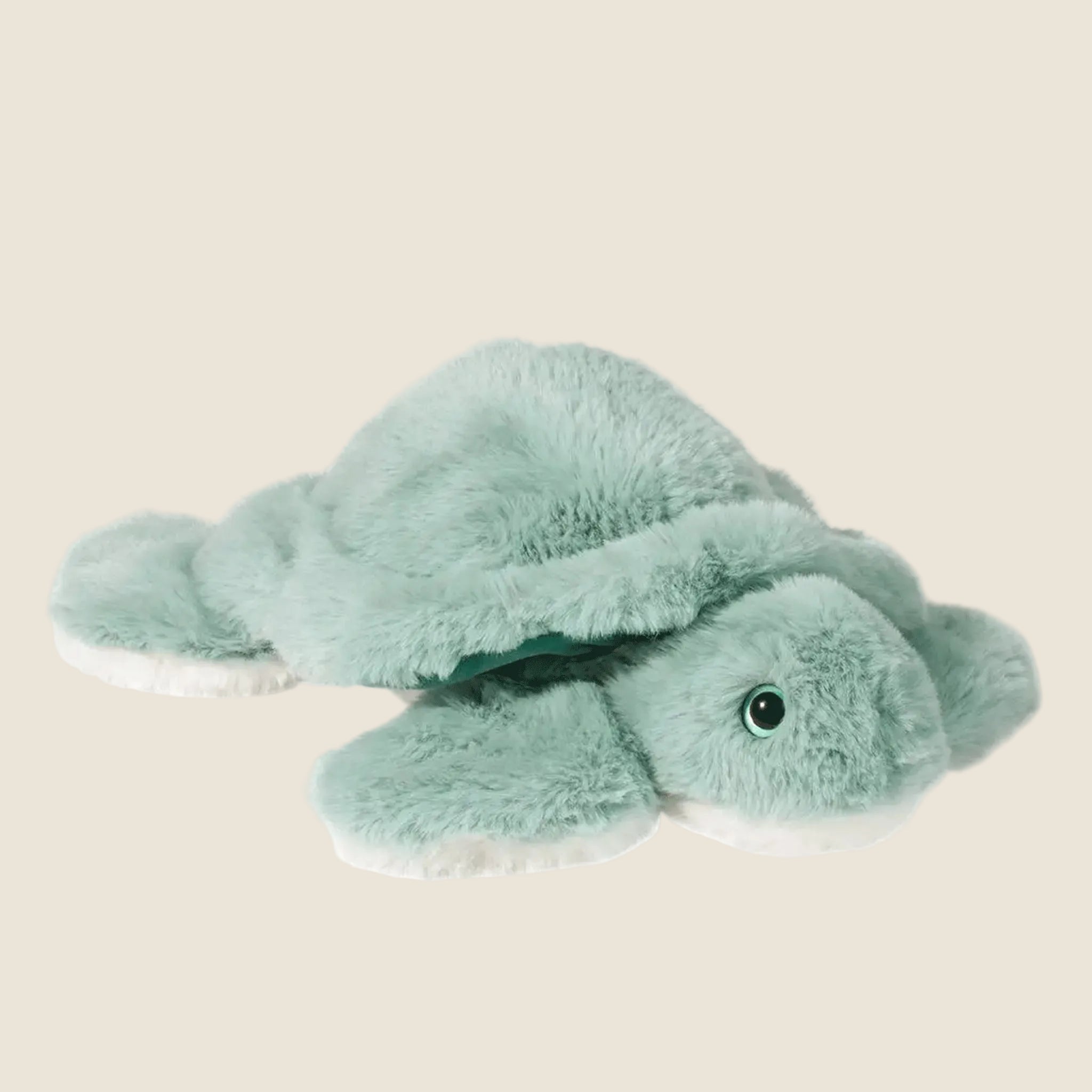 On a white background is a aqua blue colored fuzzy turtle stuffed animal. 