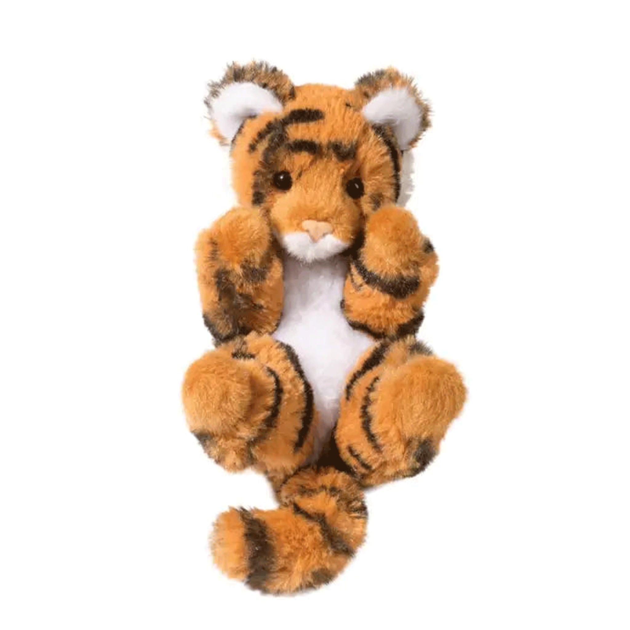 On a white background is a small tiger stuffed animal toy with black stripes and an adorable face. 