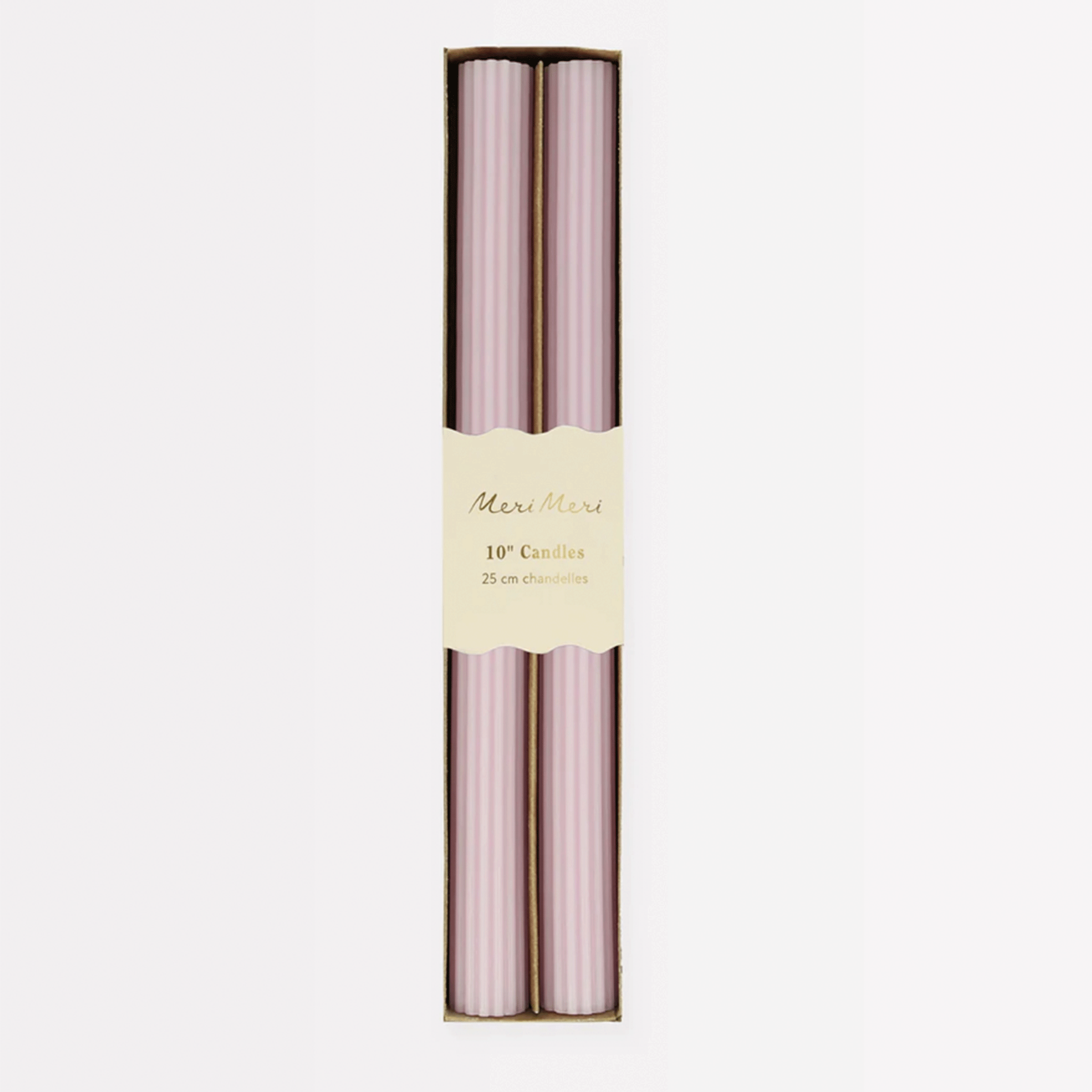 On a white background is a pair of lilac colored taper candles with a ribbed detail. 