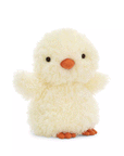 On a white background is a super light yellow fuzzy chick stuffed animal toy with an orange beak and feet. 