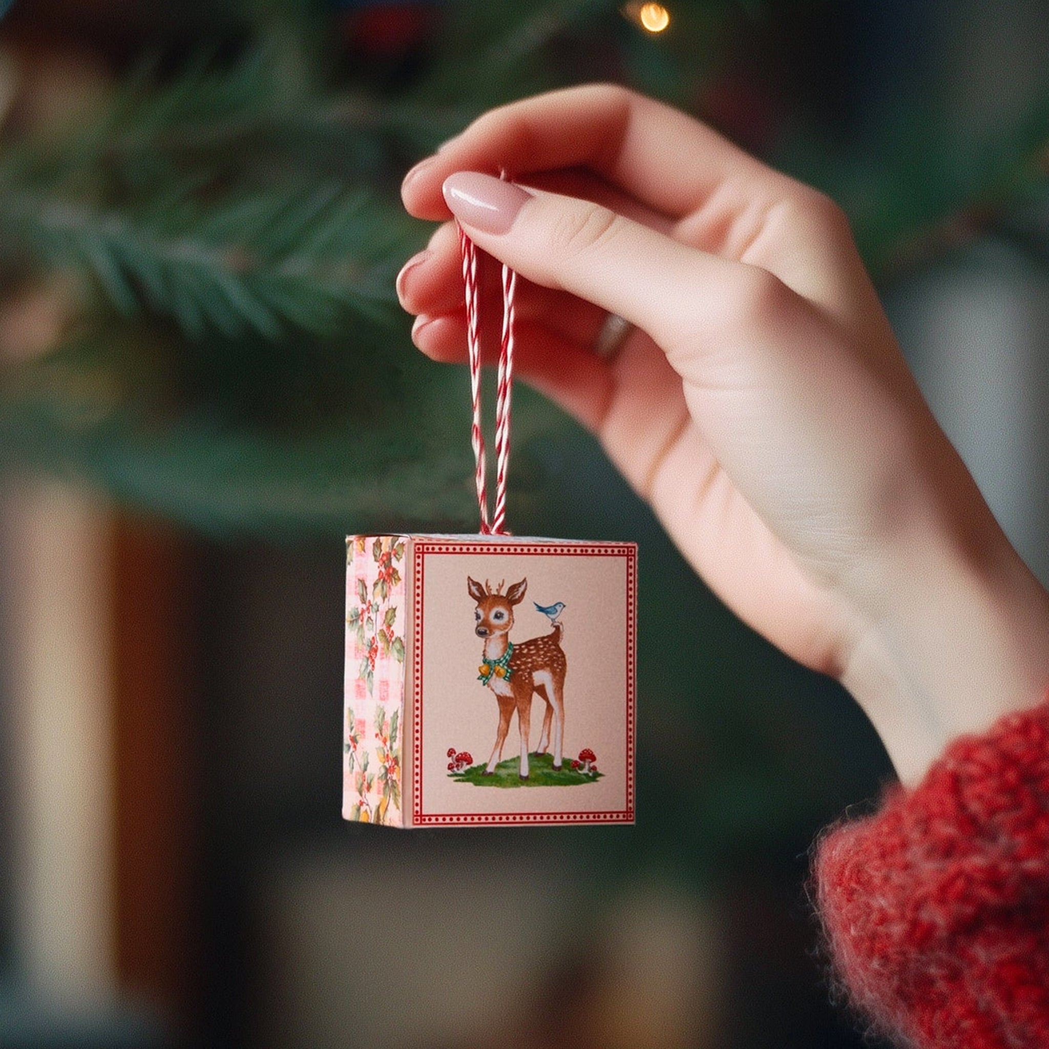A box ornament with an illustration of a reindeer and inside is a white bar of soap. 