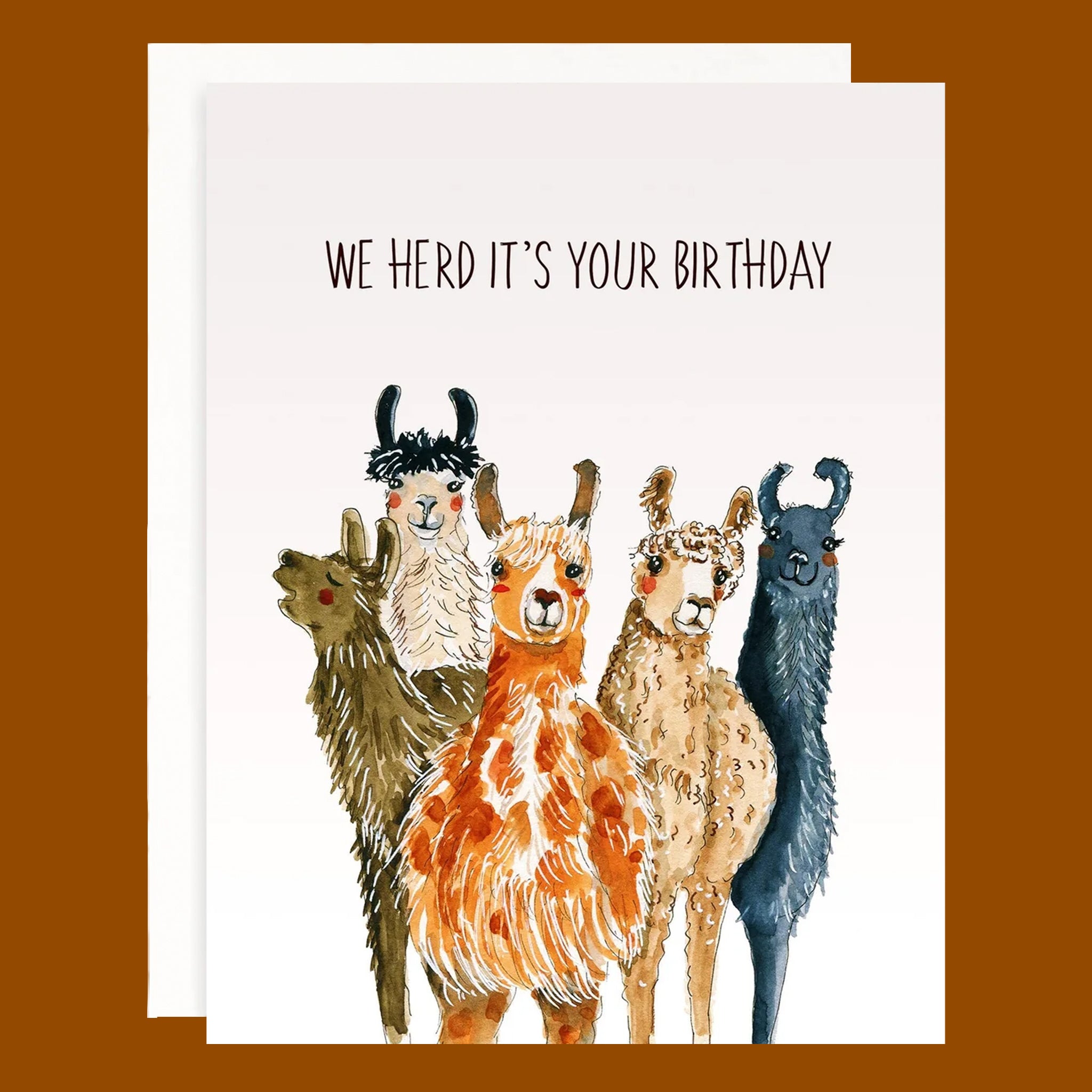 Birthday card with illustrations of llamas and text 'WE HERD IT'S YOUR BIRTHDAY' on a brown background.