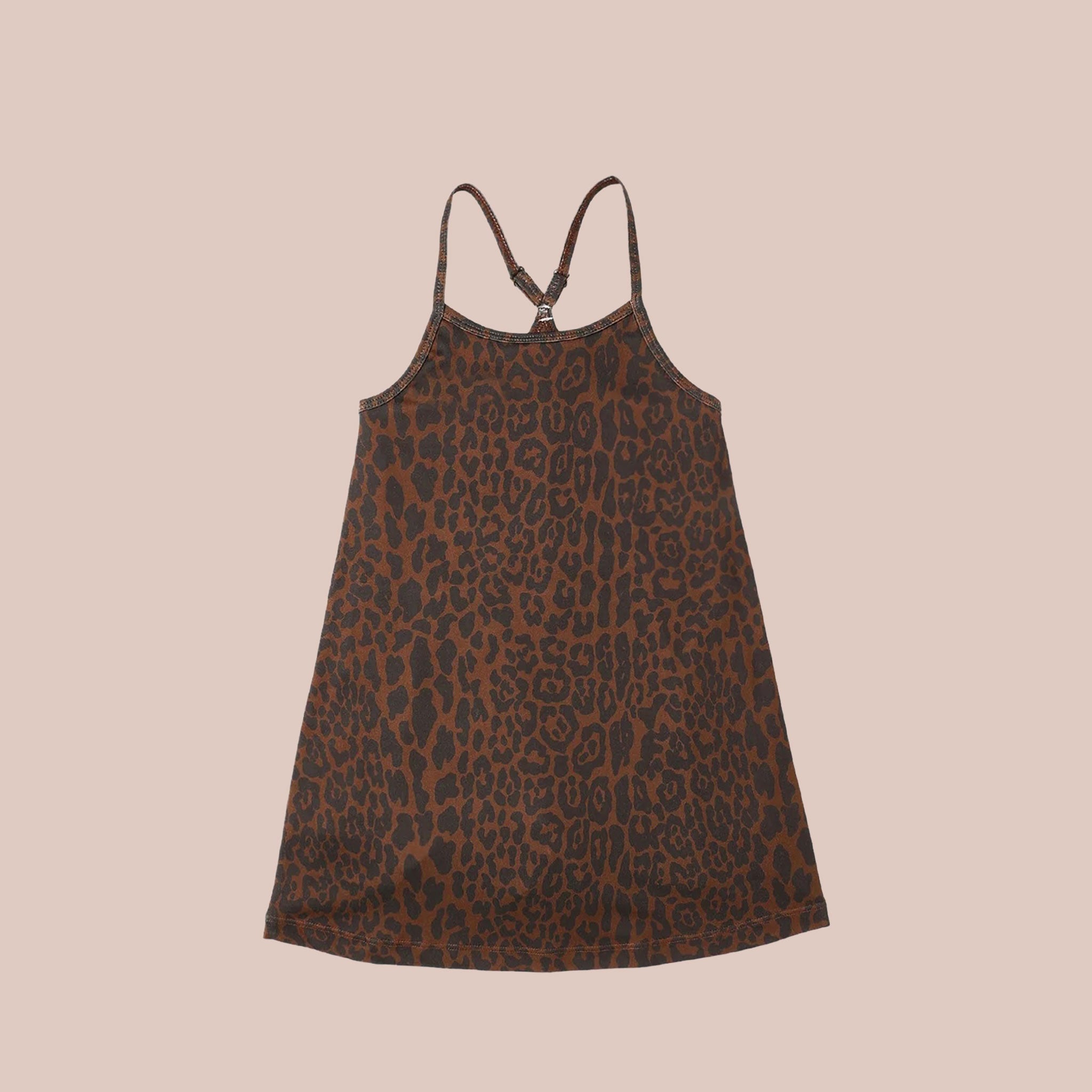 Brown and black leopard print kids dress with racer back straps. 