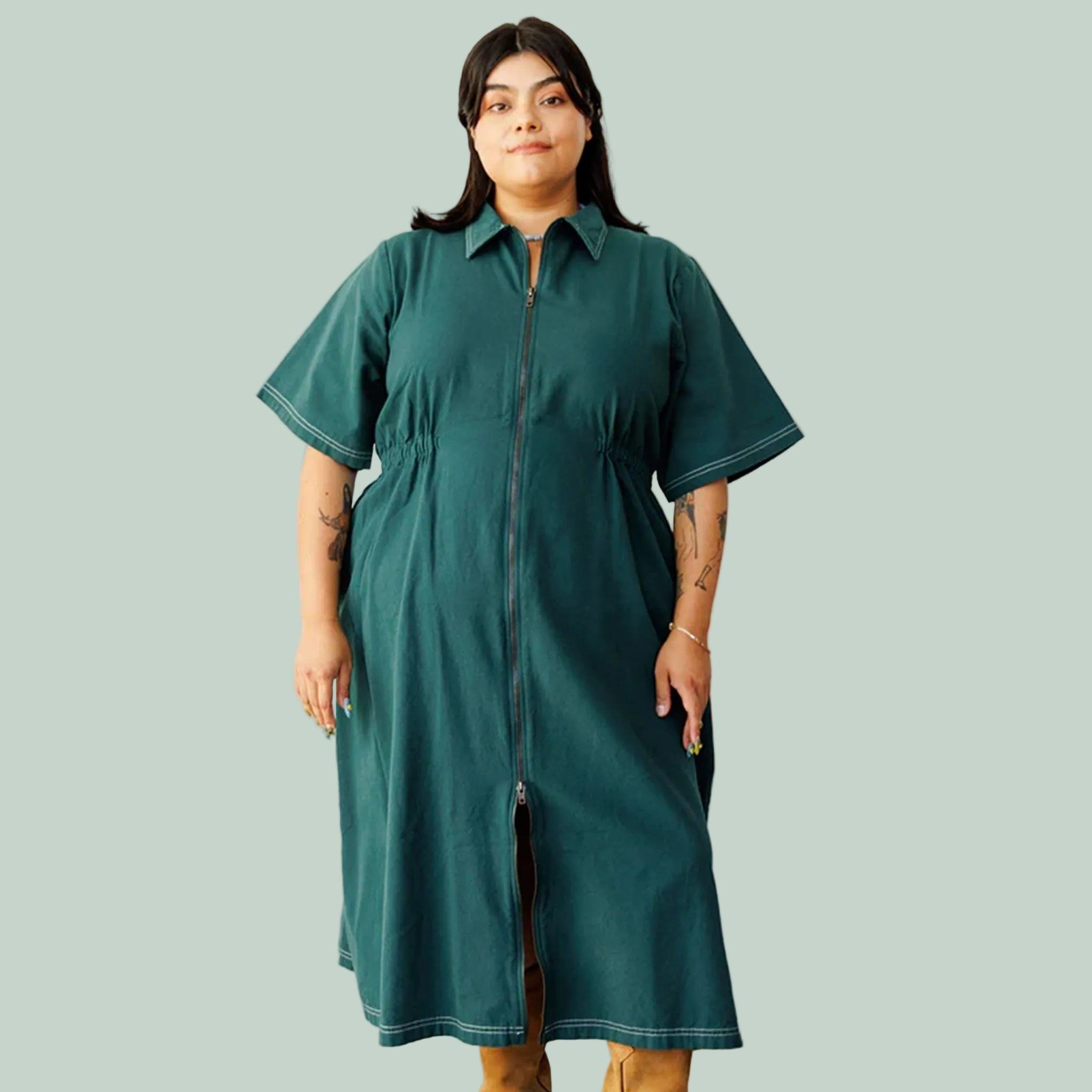 Long Utility Dress | Hunter w/ Contrast Stitch