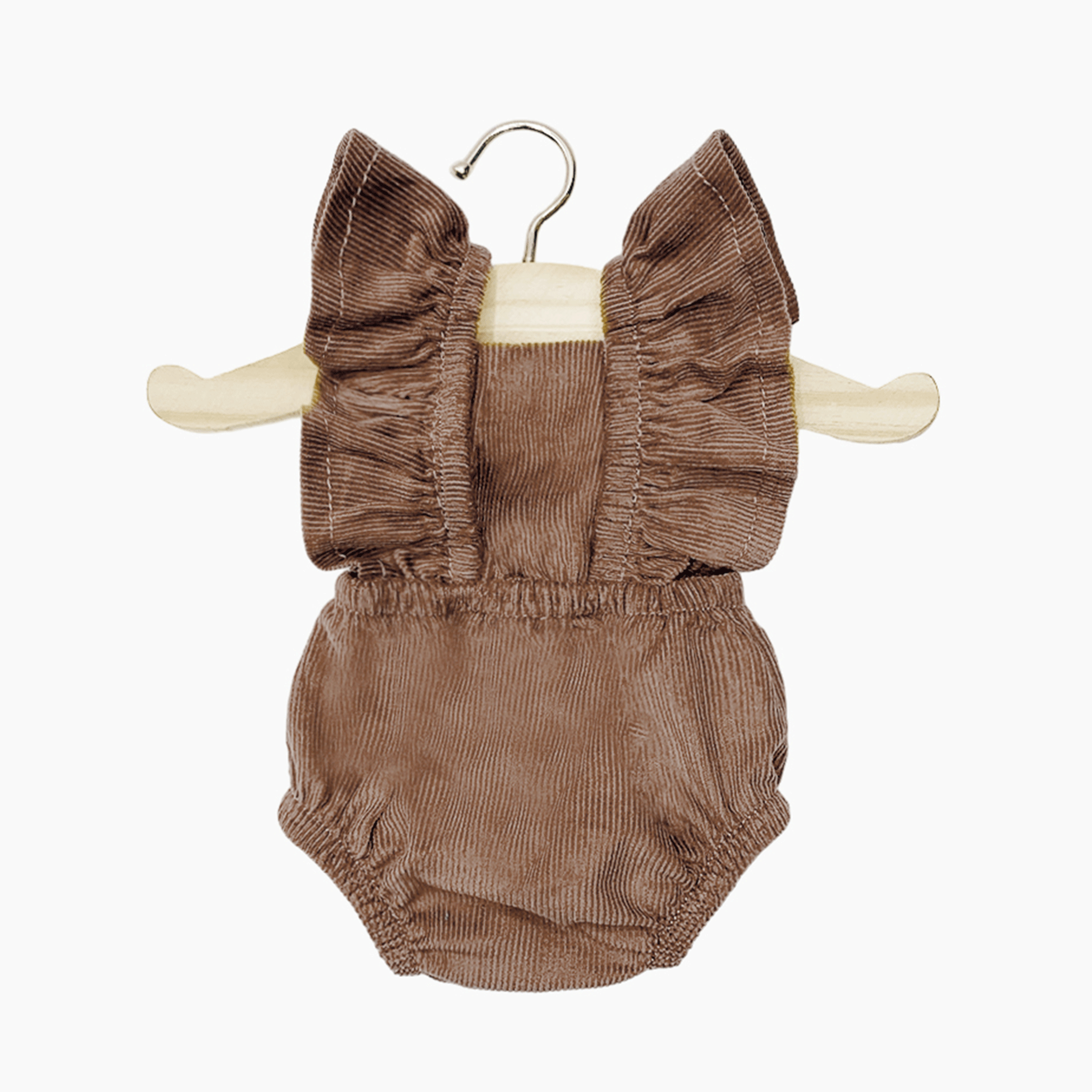 On a white background is a brown doll romper with a corduroy texture and ruffle sleeves. 