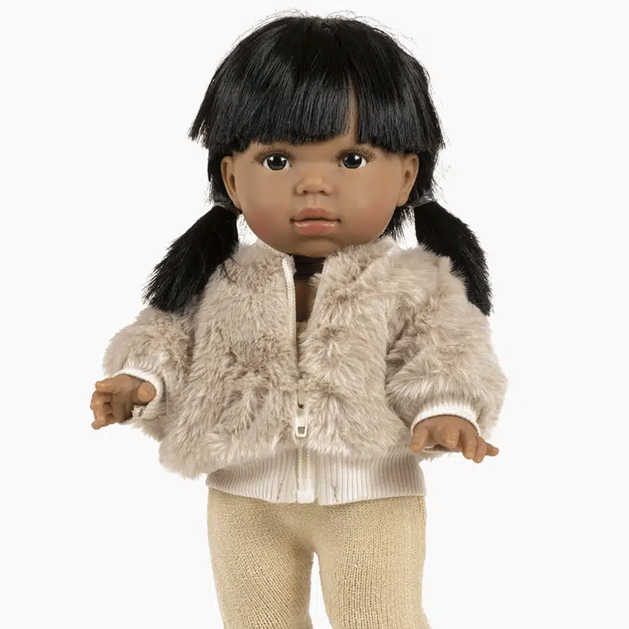 On a white background is a baby doll wearing a light brown faux fur jacket with a front zipper. 
