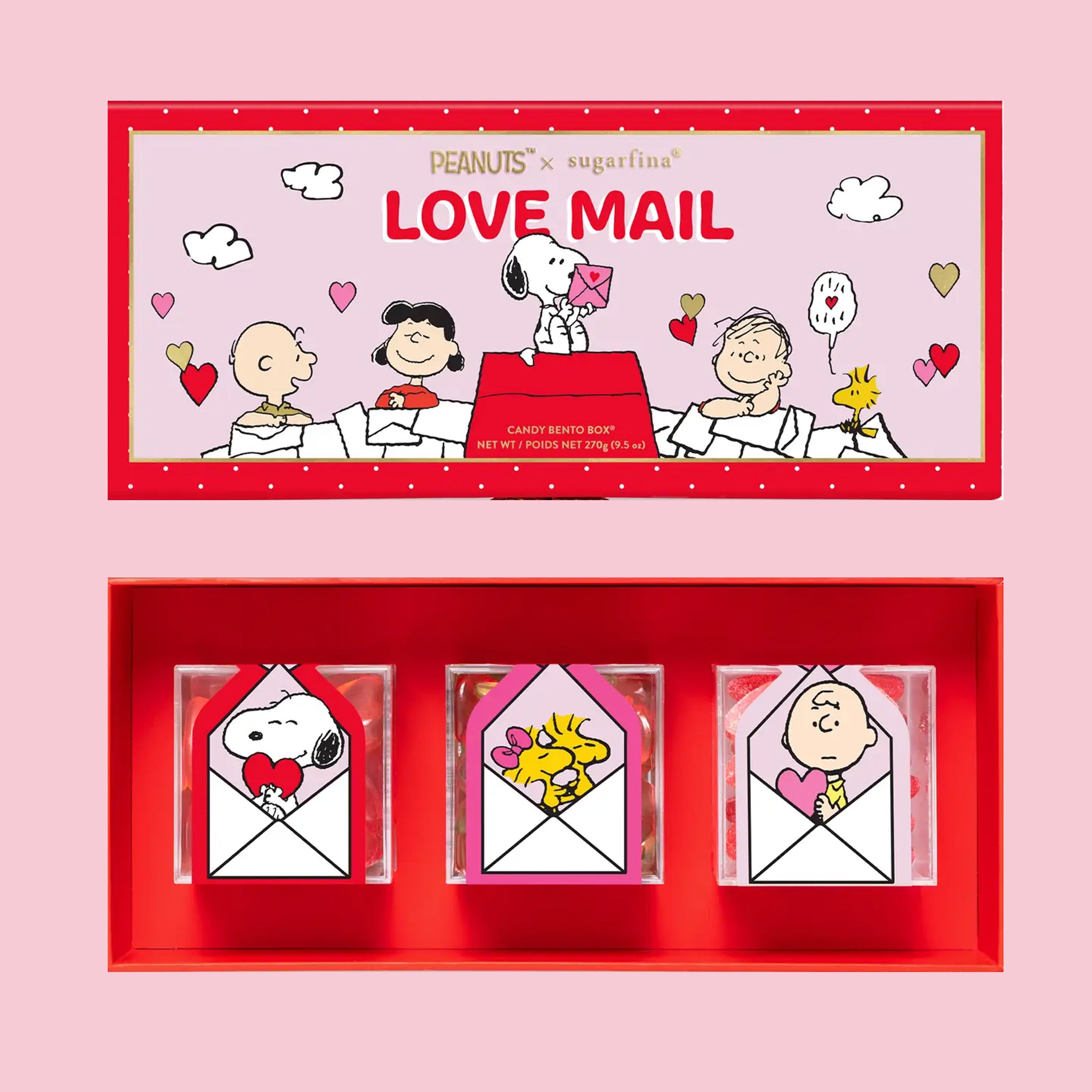 "Peanuts x sugarfina Love Mail" with a box filled with three different limited edition candies. 