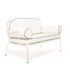 An off white metal frame loveseat outdoor furniture piece. 