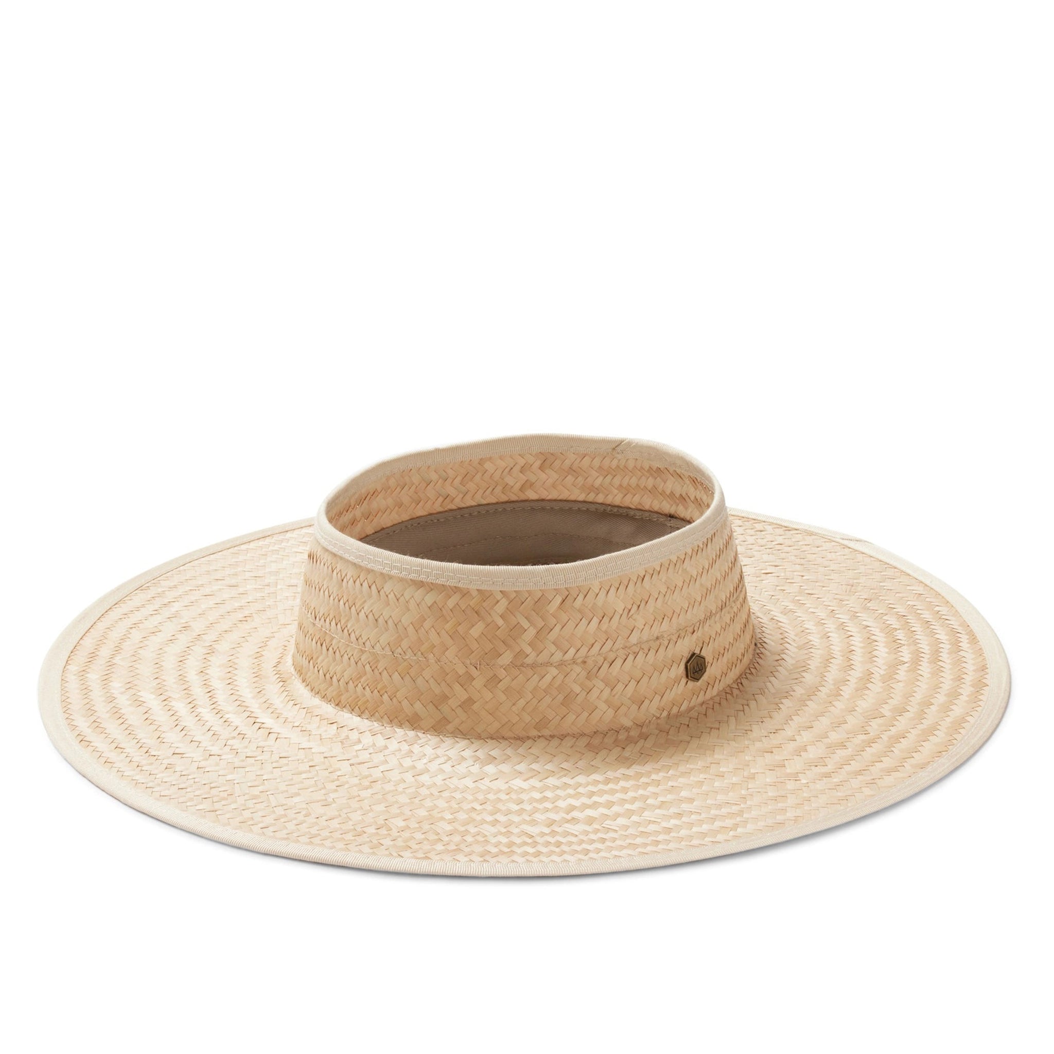 A neutral woven sun hat / visor with a white brim and a cut out at the top for your head to sit through.