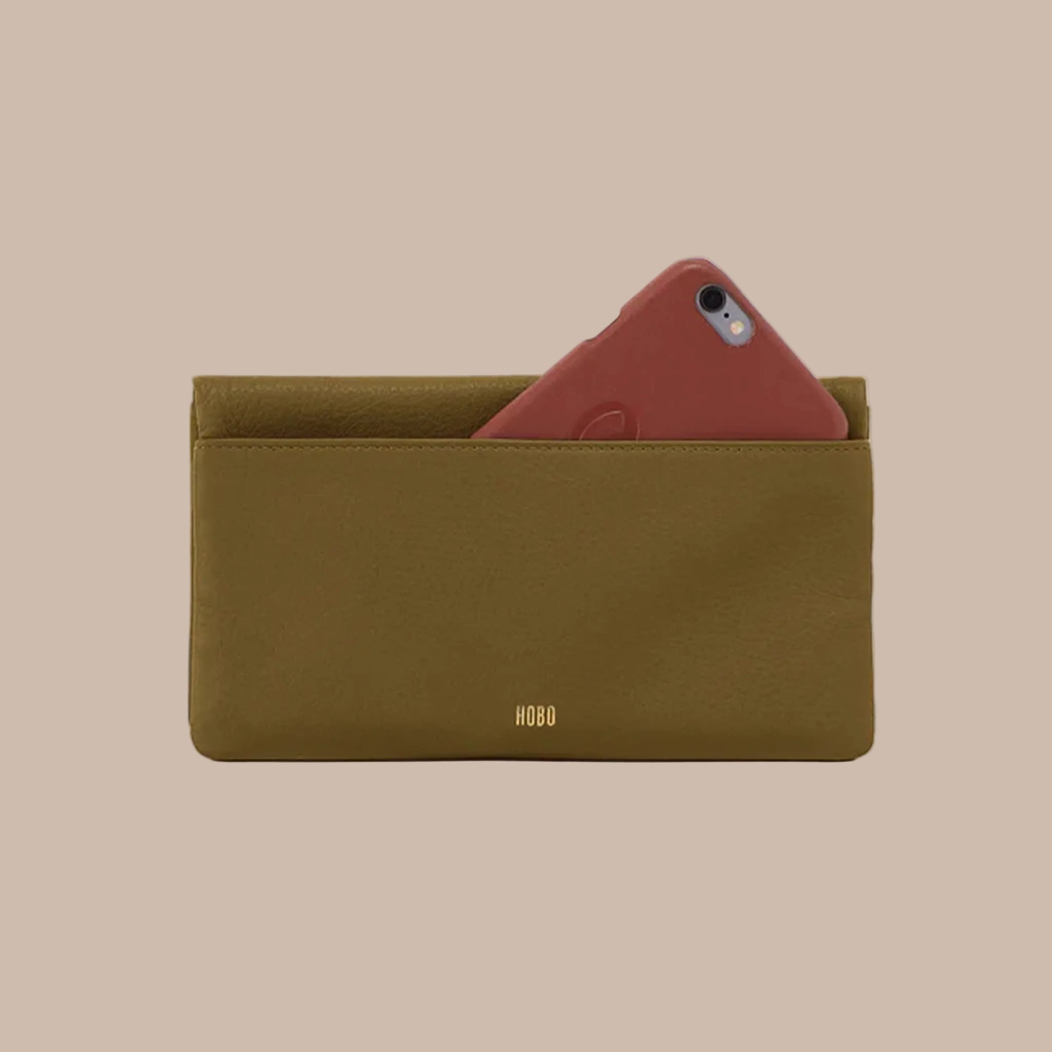 An olive green rectangle wallet. 