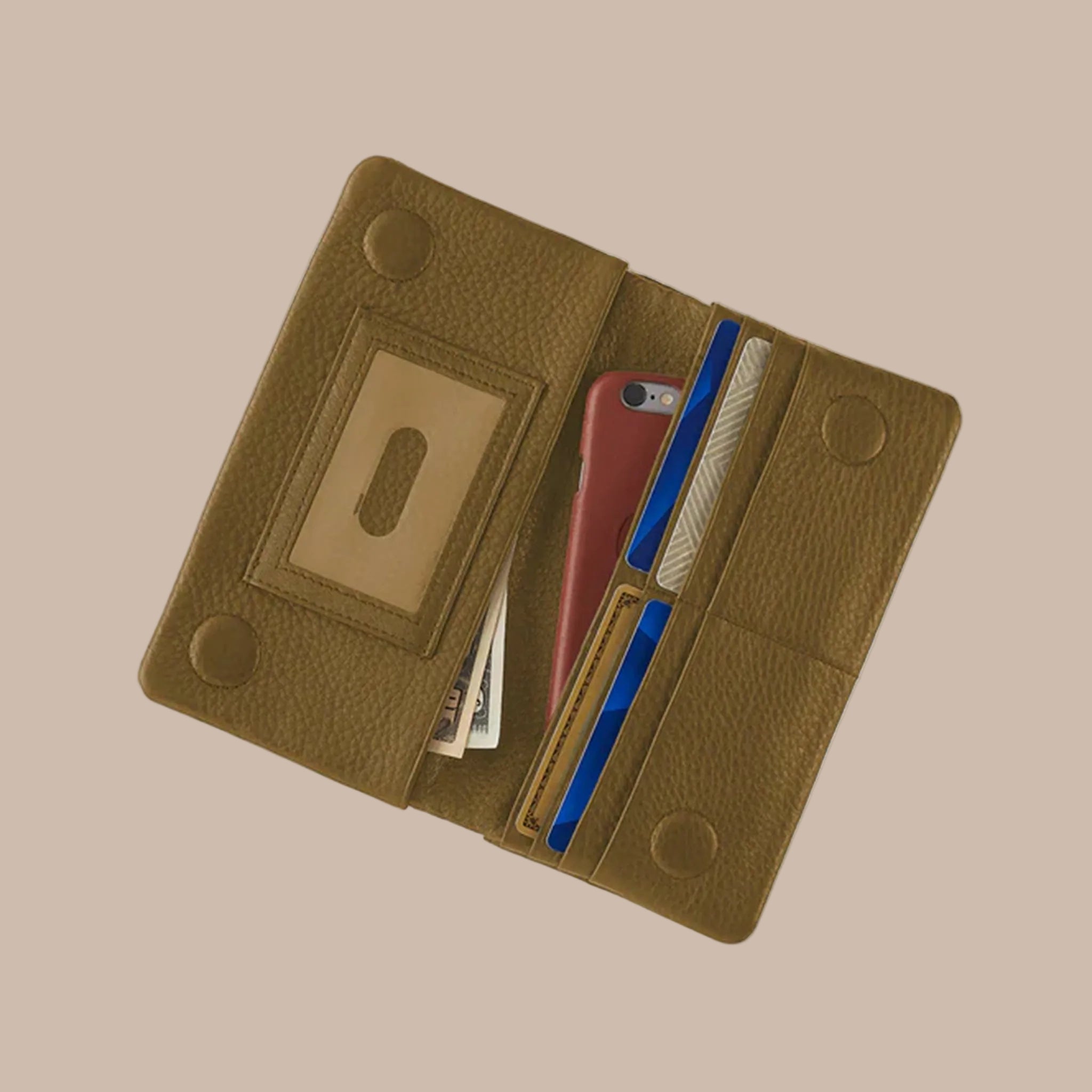 An olive green rectangle wallet. 