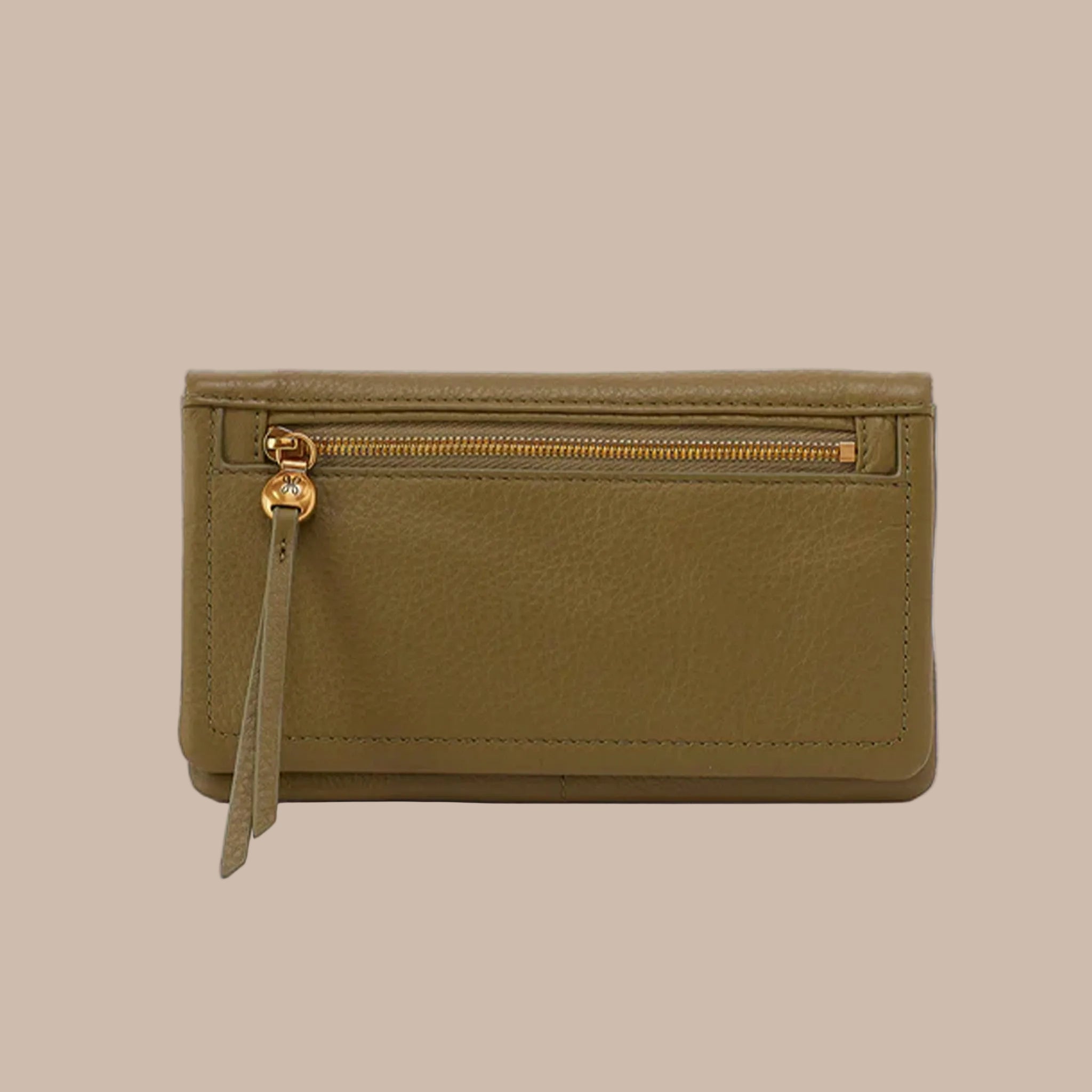 An olive green rectangle wallet. 