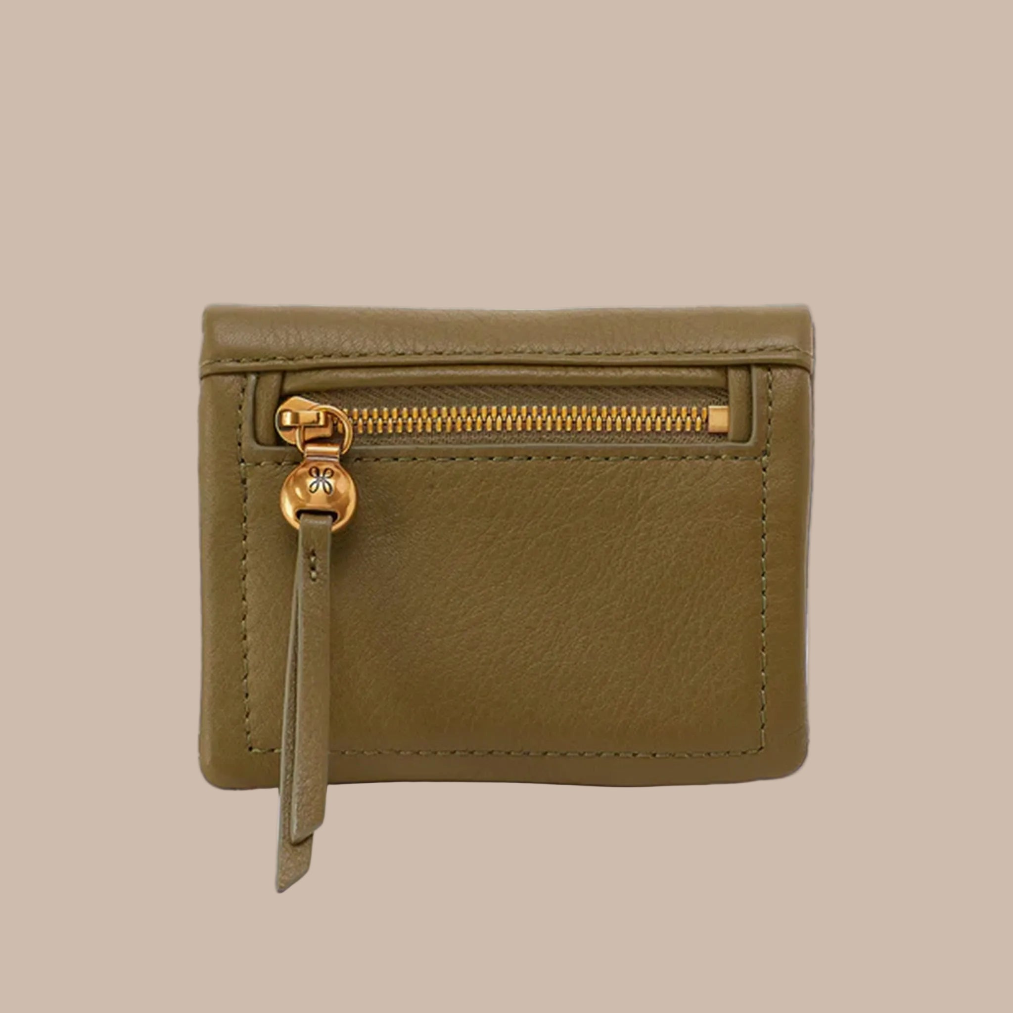 An olive green square foldable wallet. 