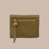 An olive green square foldable wallet. 