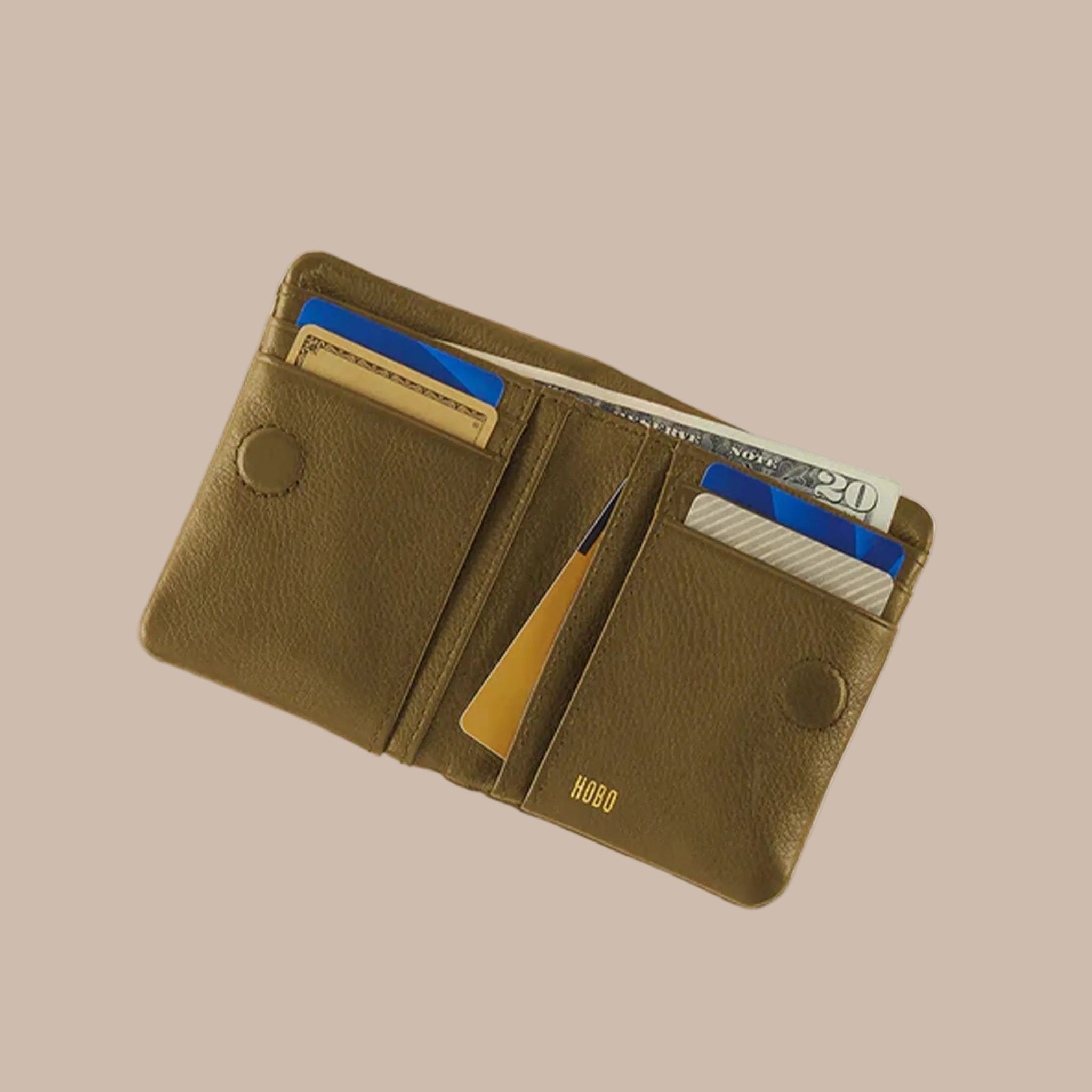 An olive green square foldable wallet. 