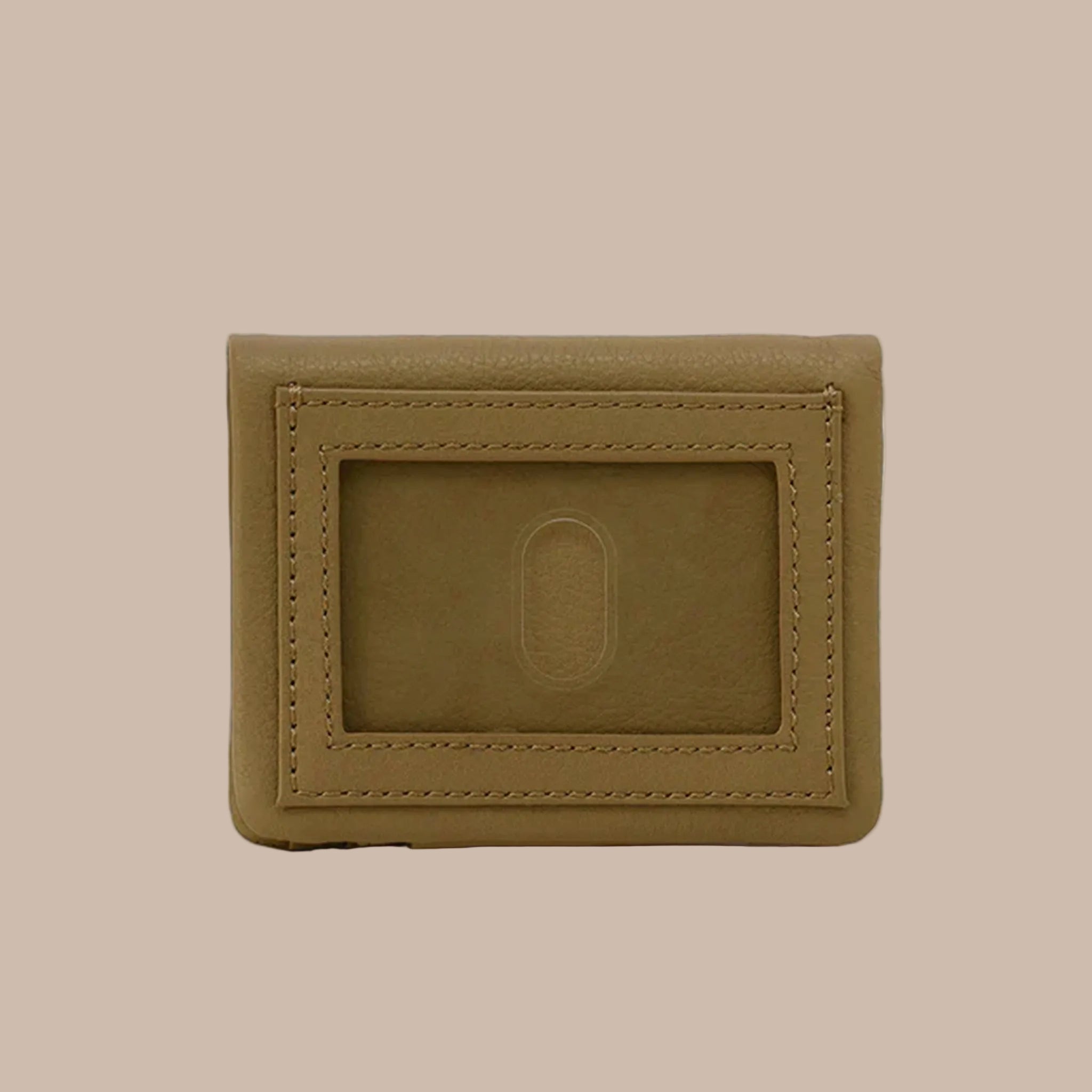 An olive green square foldable wallet. 