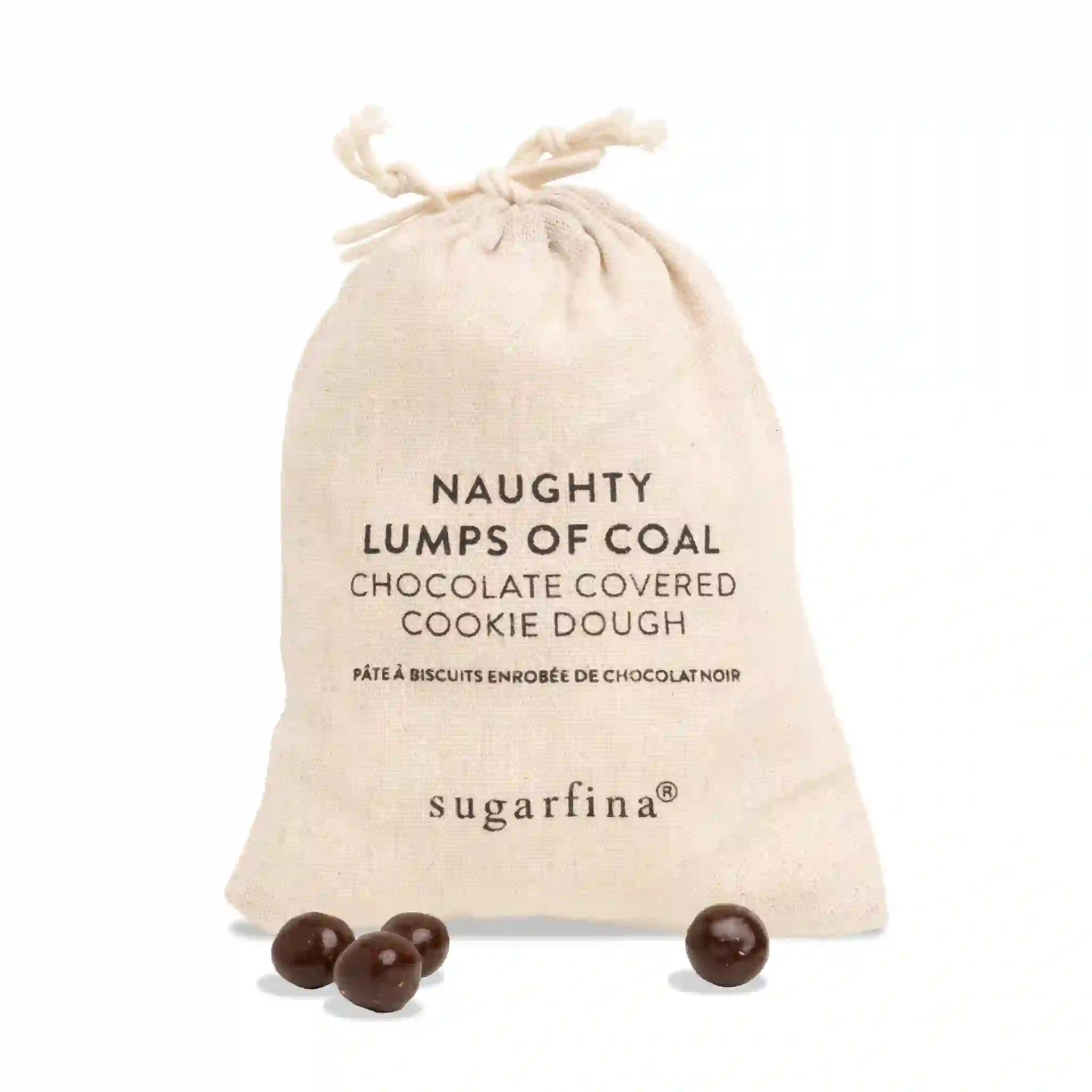 On a white background is a tan bag that holds the candy inside of the canister. The outside of the bag has black text that reads, "Naughty Lumps of Coal Chocolate Covered Cookie Dough".