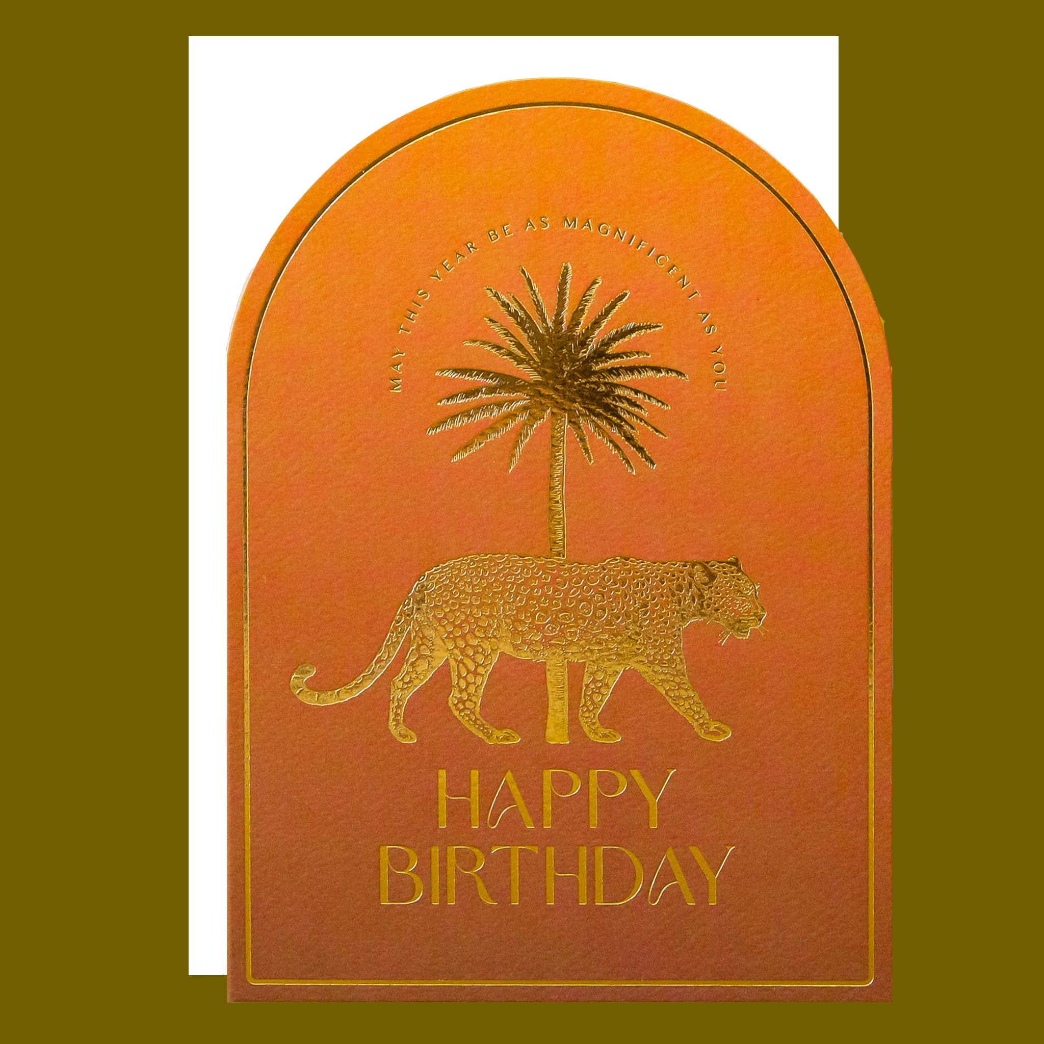 Birthday card with gold leopard and palm tree design on an orange background