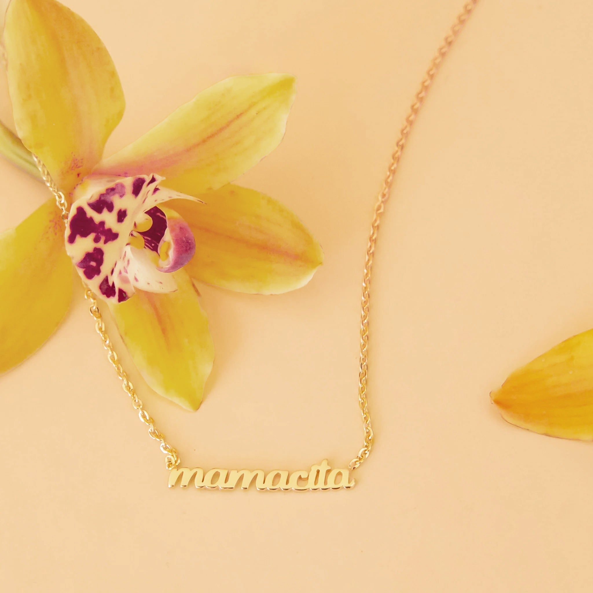 A gold chain necklace with gold lettering in the center that reads, 'mamacita'. 