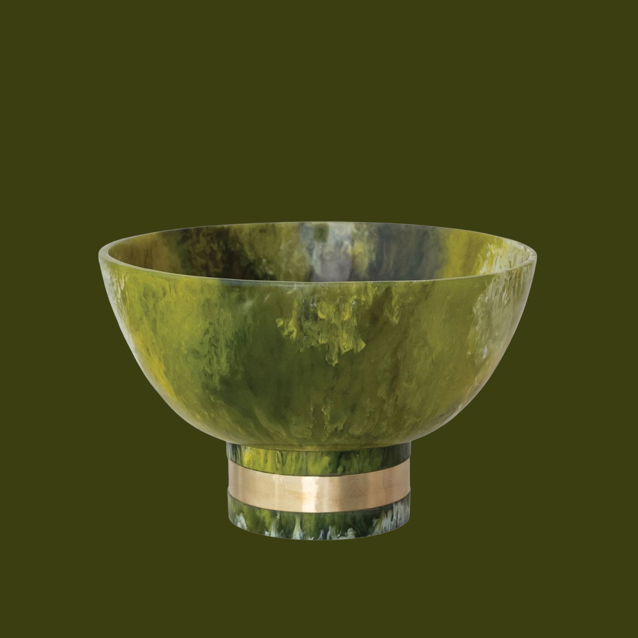 A dark green marble resin footed bowl with a gold wrapped base. 