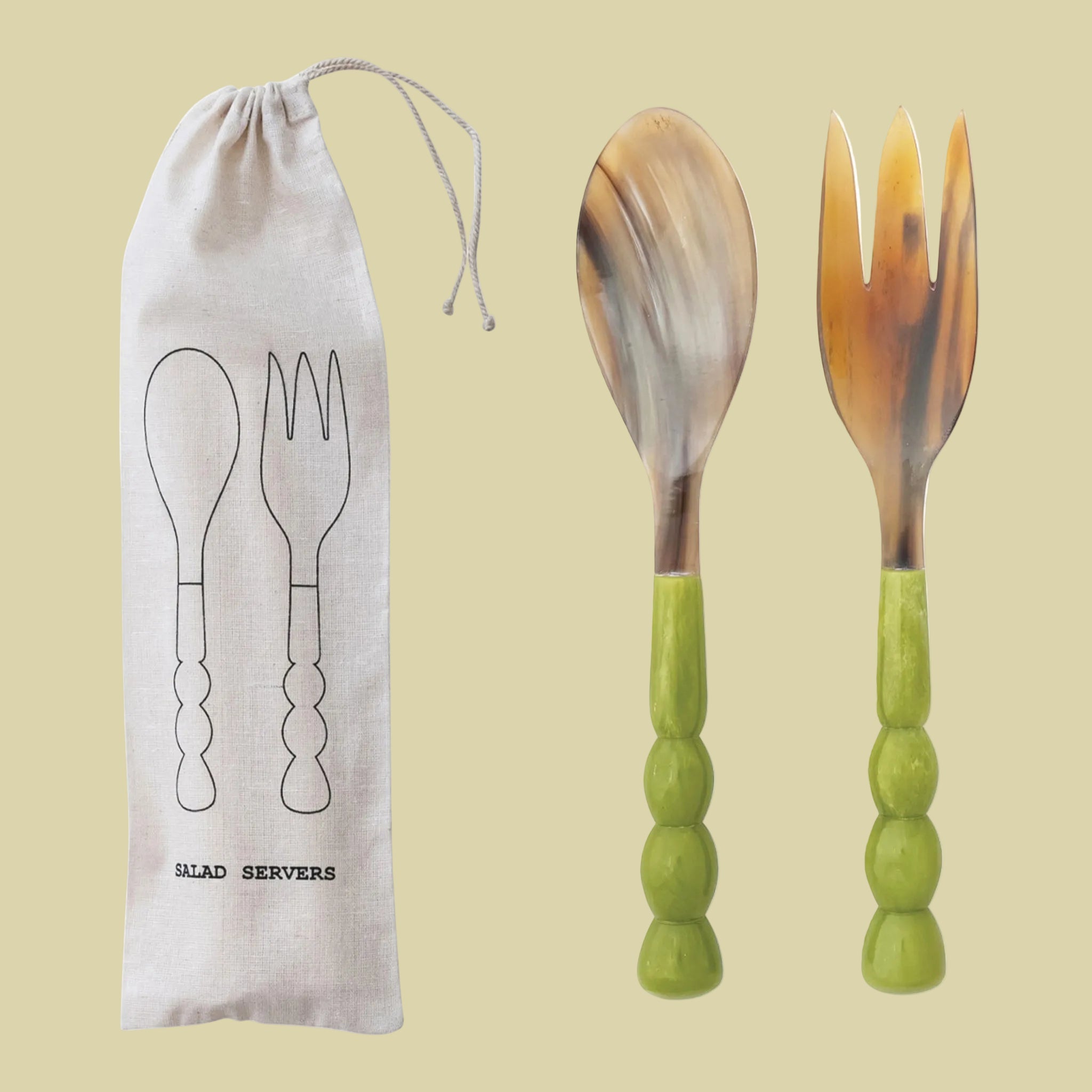 Natural Horn Salad Servers w/ Marbled Resin Handles | Green
